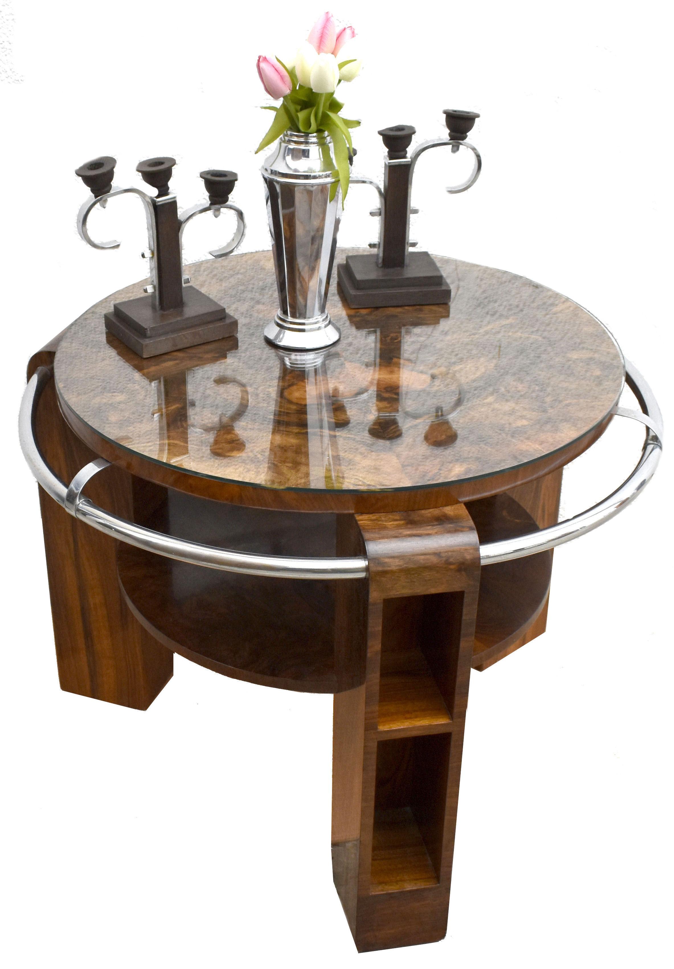 Art Deco Modernist Two Tier Walnut & Chrome Table, English, c1930 15