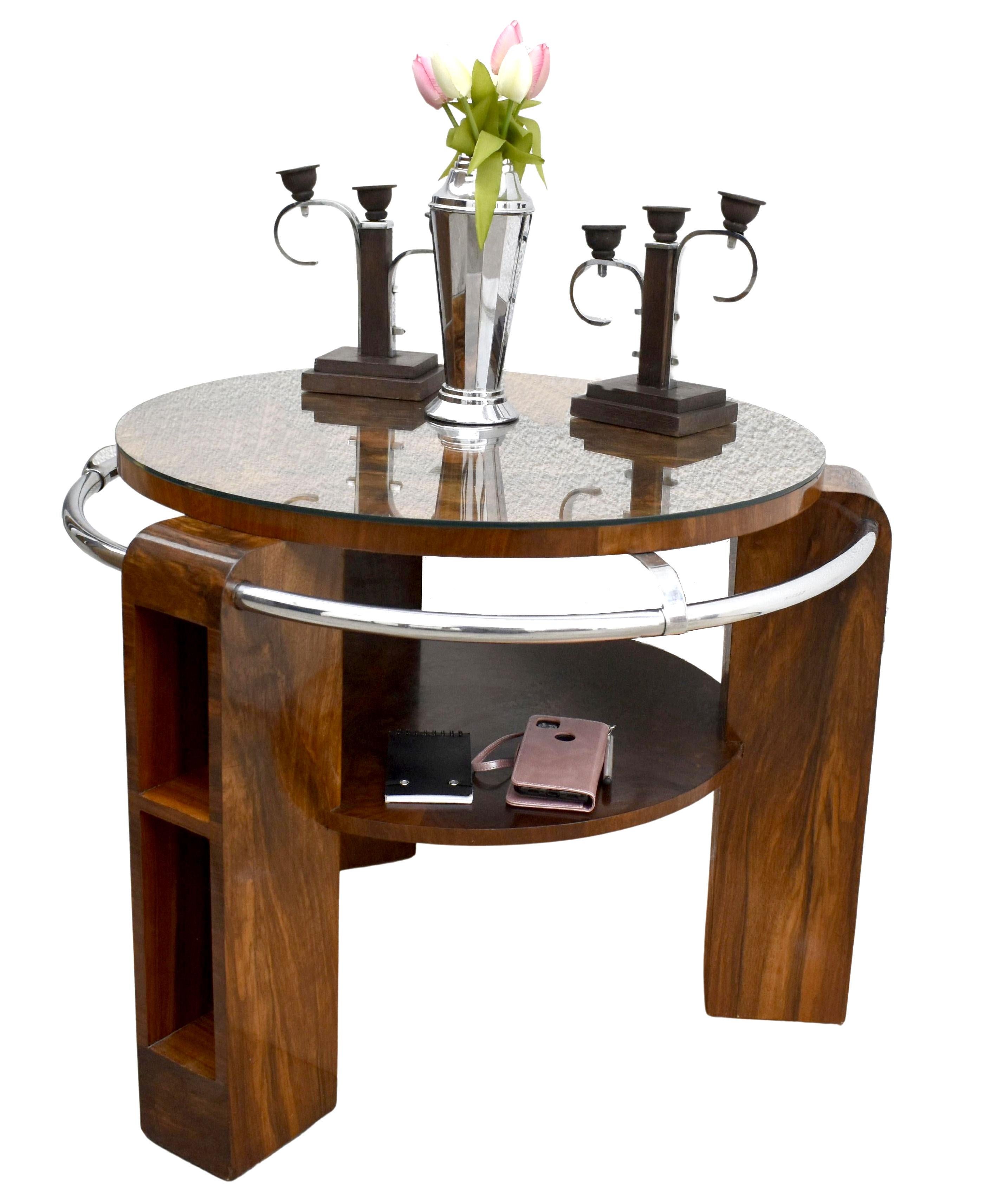 Art Deco Modernist Two Tier Walnut & Chrome Table, English, c1930 3