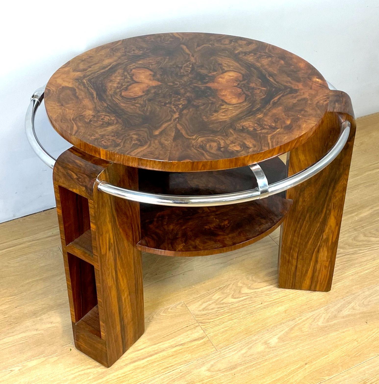 Art Deco Modernist Two Tier Walnut & Chrome Table, English, c1930 4