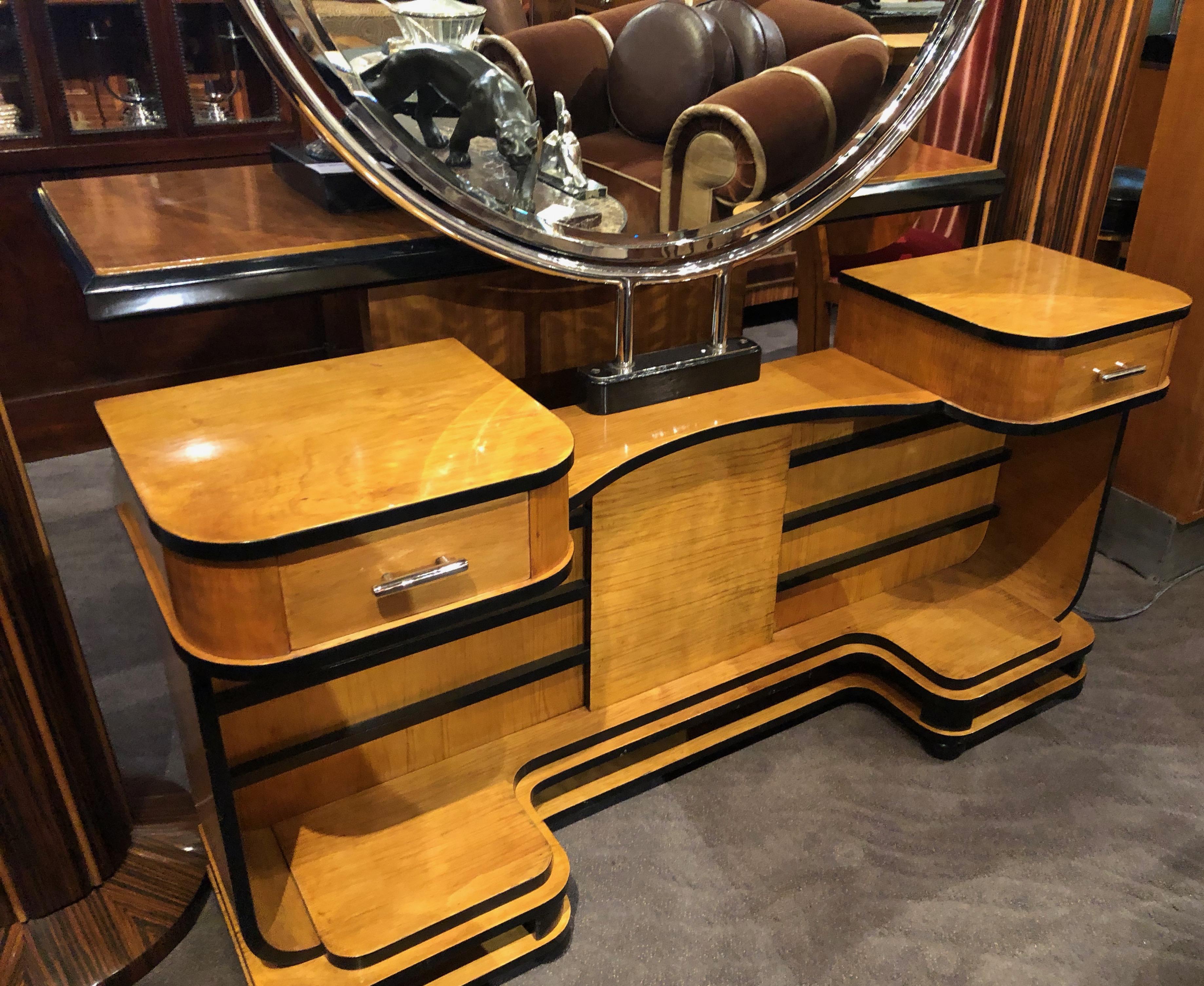 French Art Deco Modernist Vanity with Mirror and Stool Two-Tone Wood