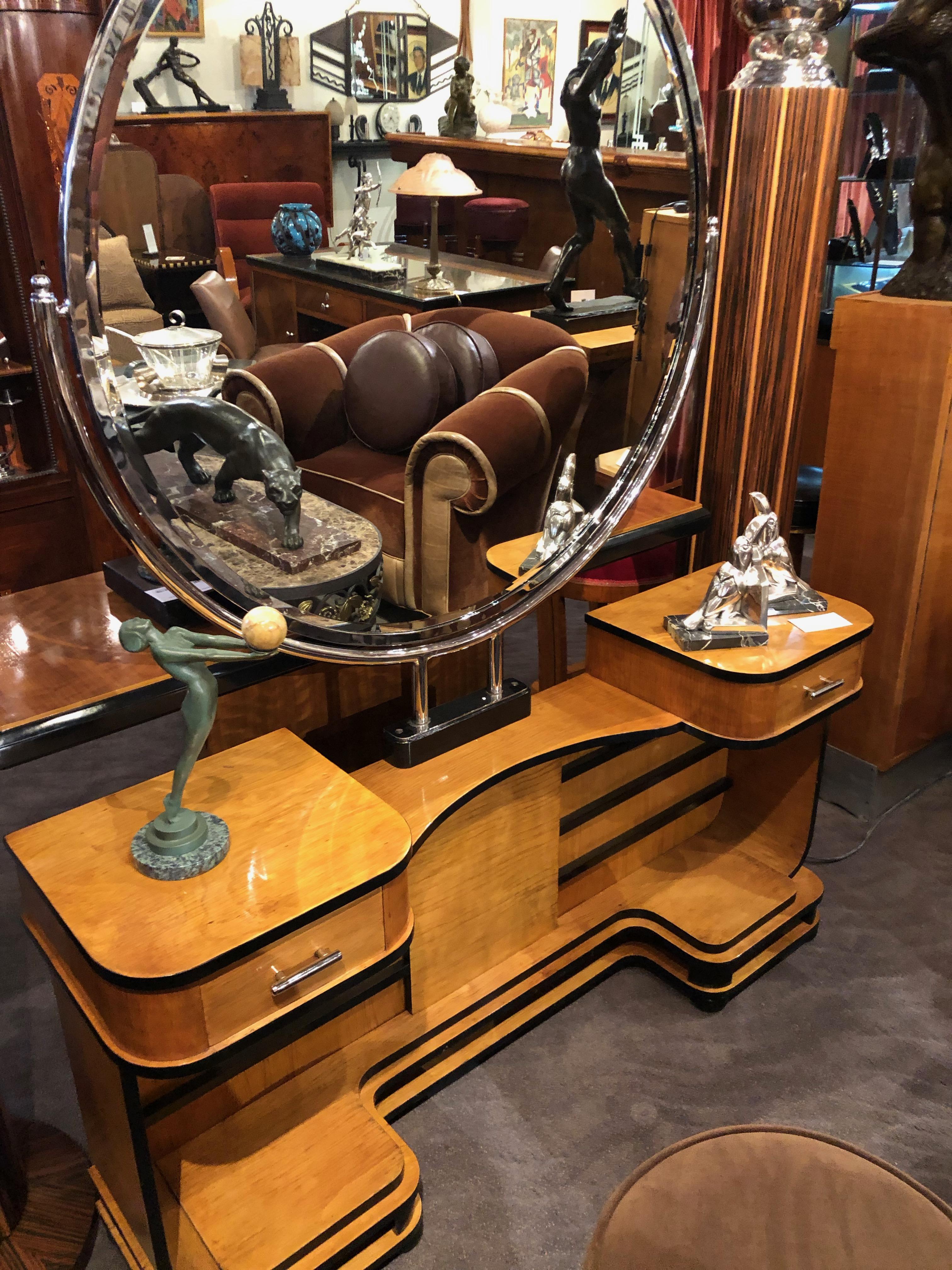 Mid-20th Century Art Deco Modernist Vanity with Mirror and Stool Two-Tone Wood