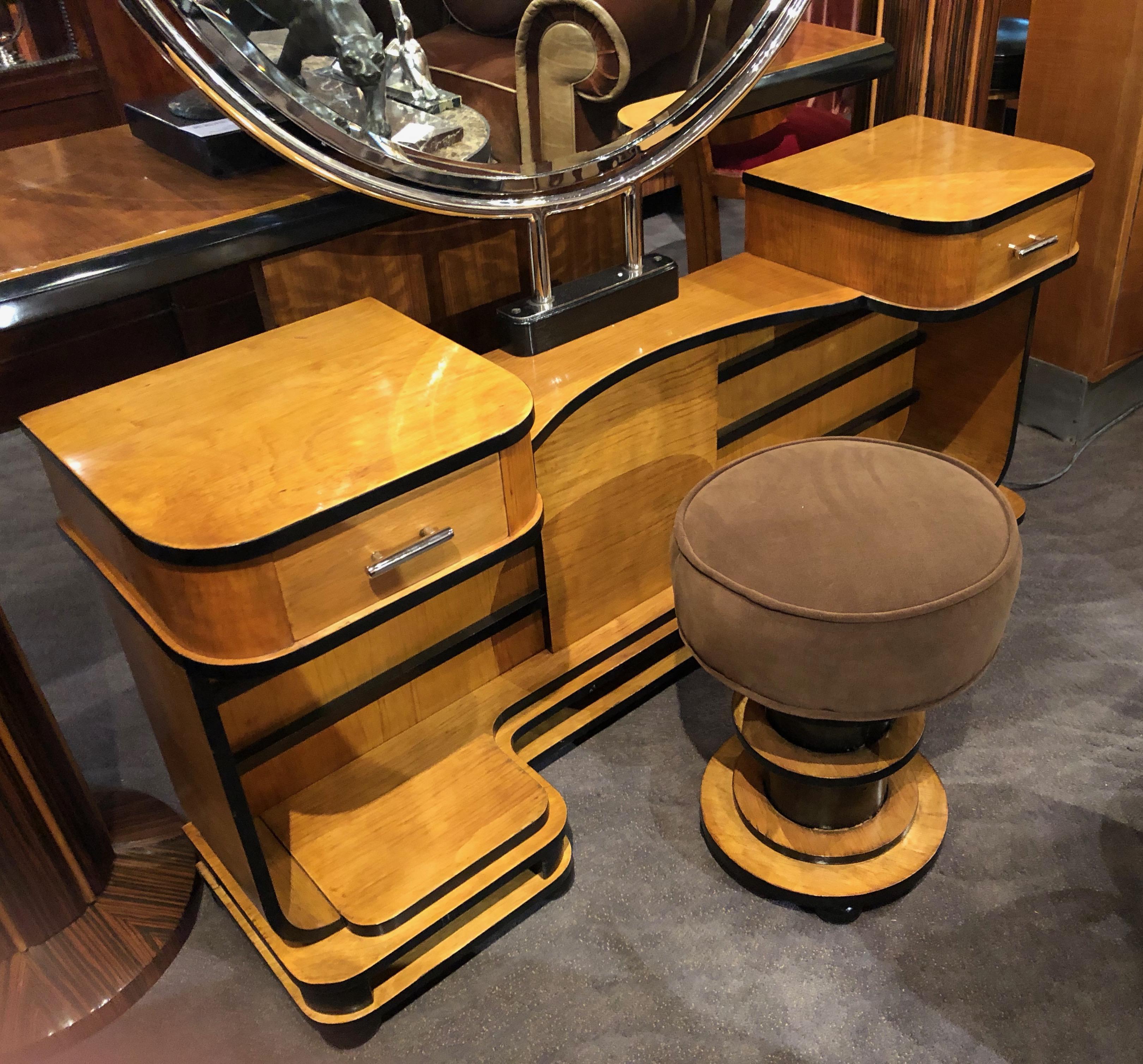 Art Deco Modernist Vanity with Mirror and Stool Two-Tone Wood 1