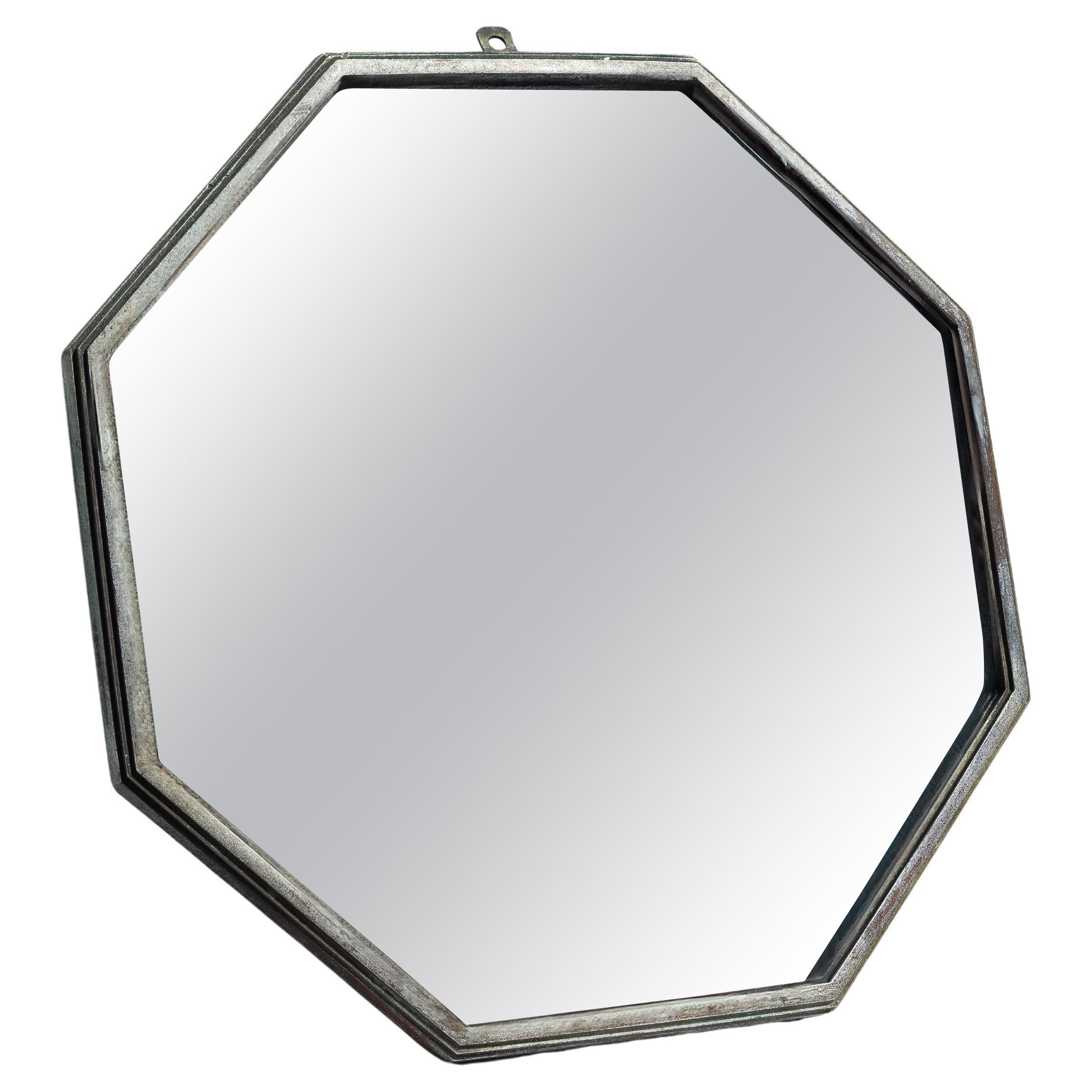 Art Deco Modernist Wall Mirror - Octagonal Silver Metal - Bauhaus Design - 1940s