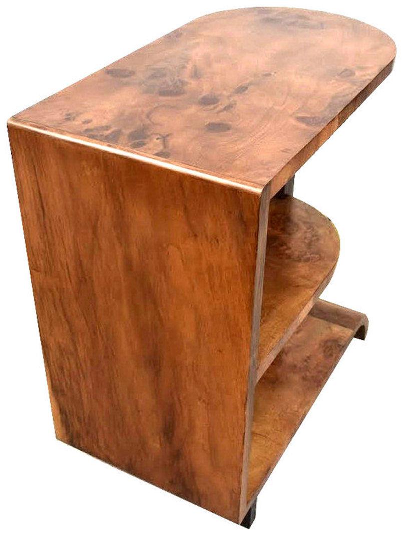 Very stylish 1930s Art Deco Modernist occasional table. Ideal size for modern day use. The open tiered shelves provide an ideal space for display or as a side table for magazines etc. Beautifully veneered in figured walnut with a light to mid tone