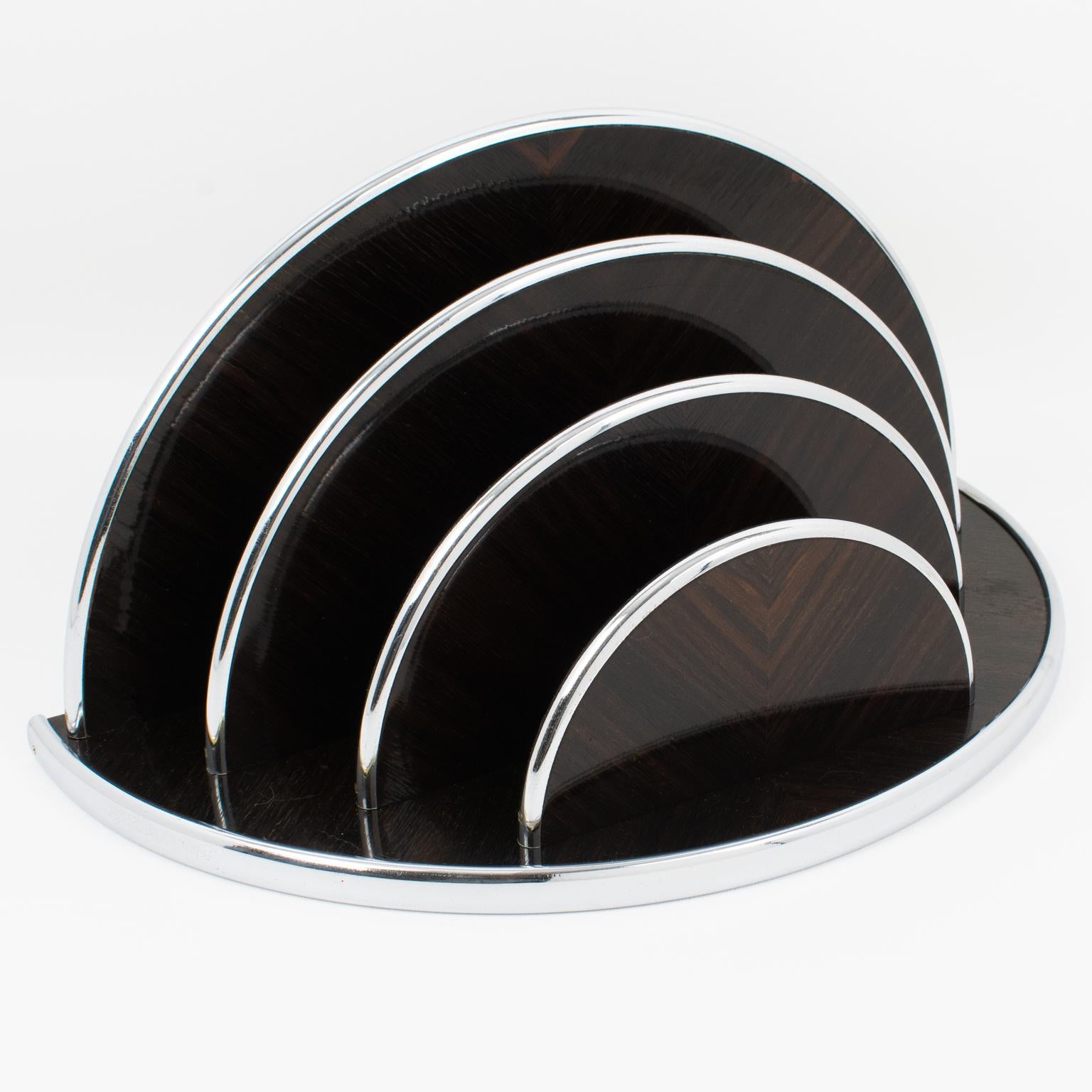 Make a bold statement with this exceptional Art Deco modernist letter holder, a masterpiece of 1930s French craftsmanship. Defined by its striking concentric half-circle silhouette, this mail rack exudes sophistication with its rich, varnished