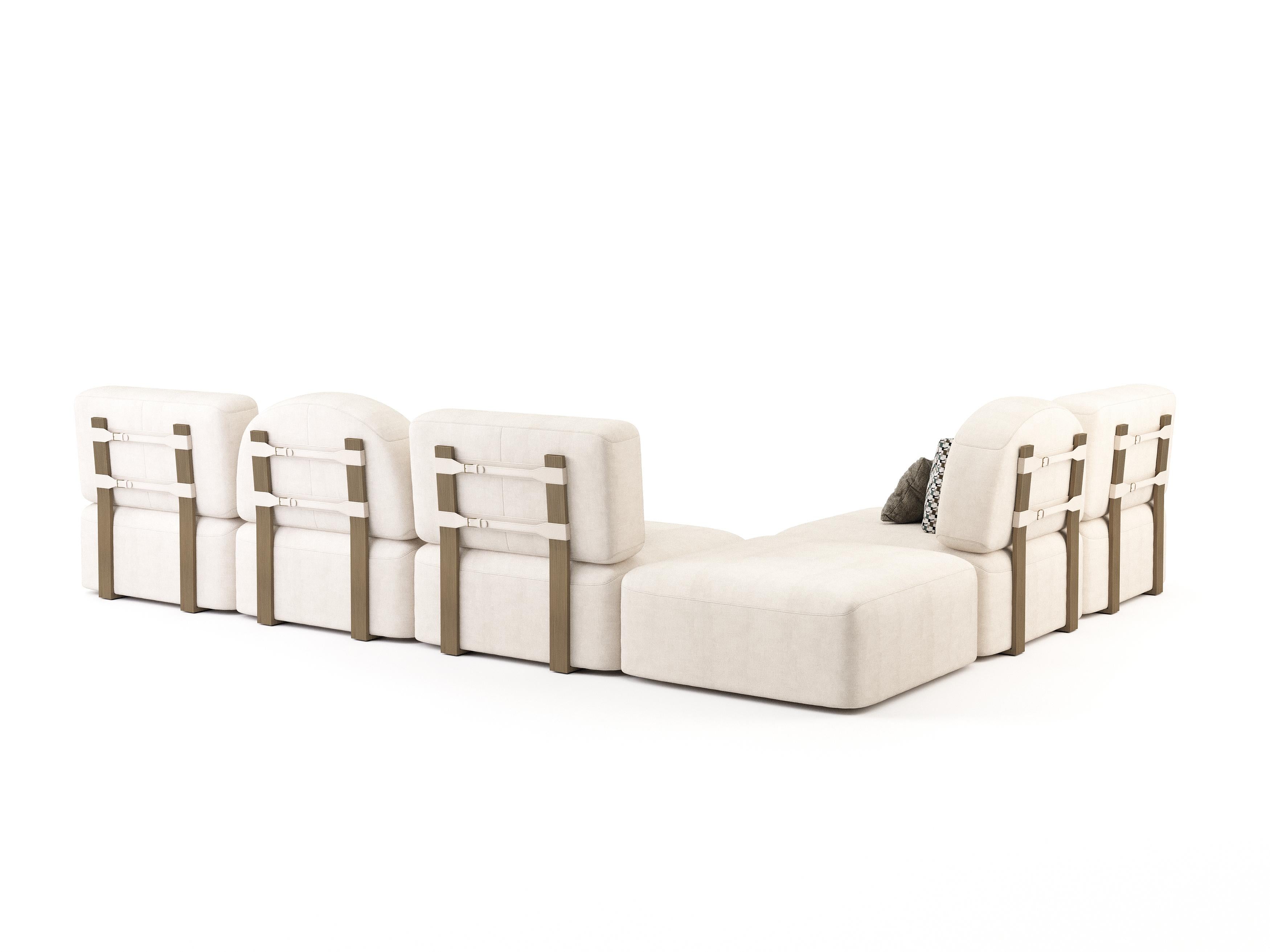 Modulares Sofa im Art-déco-Stil aus Messing, Leder und Textilien (Art déco) im Angebot