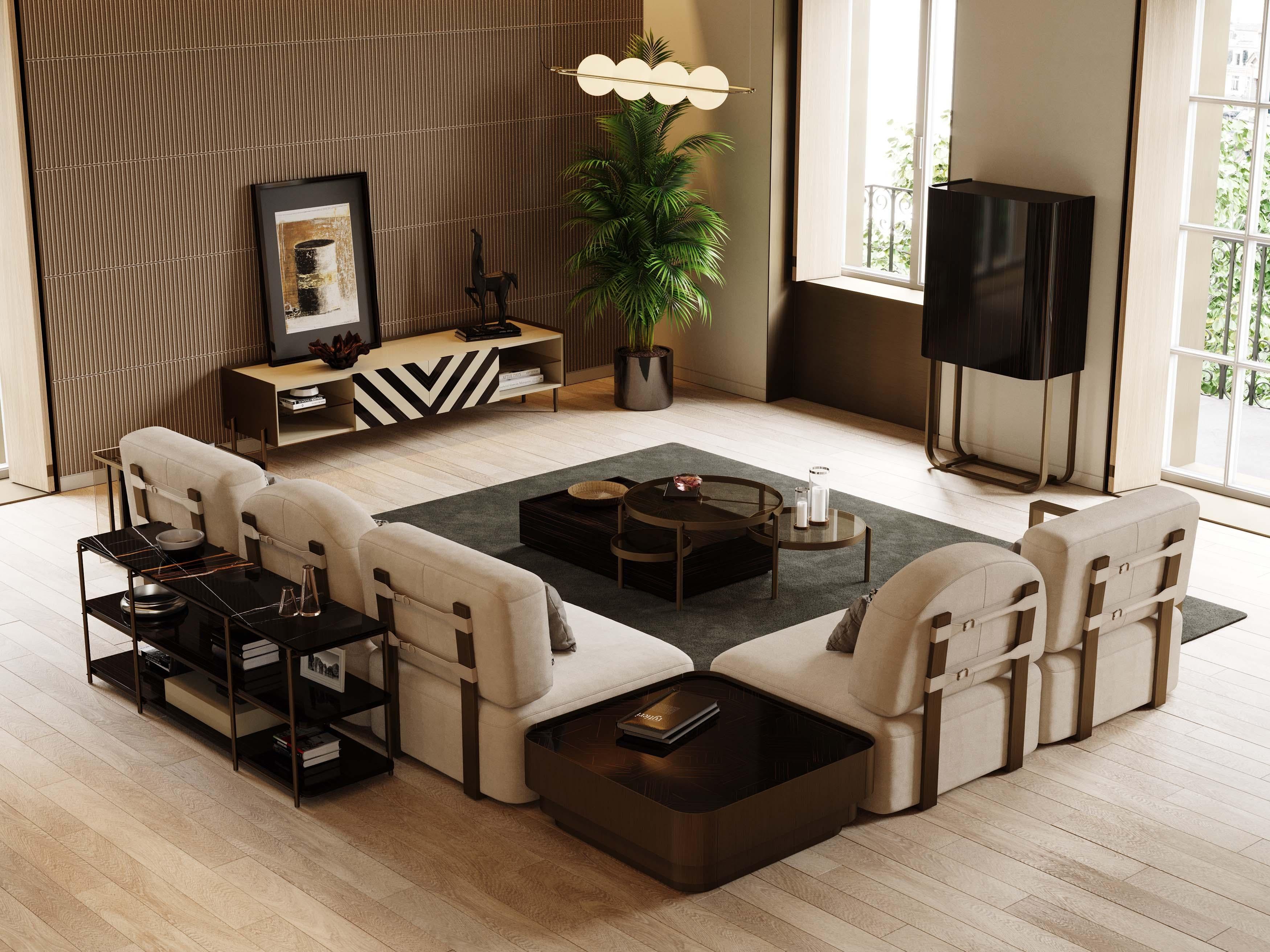 Modulares Sofa im Art-déco-Stil aus Messing, Leder und Textilien (Gebürstet) im Angebot