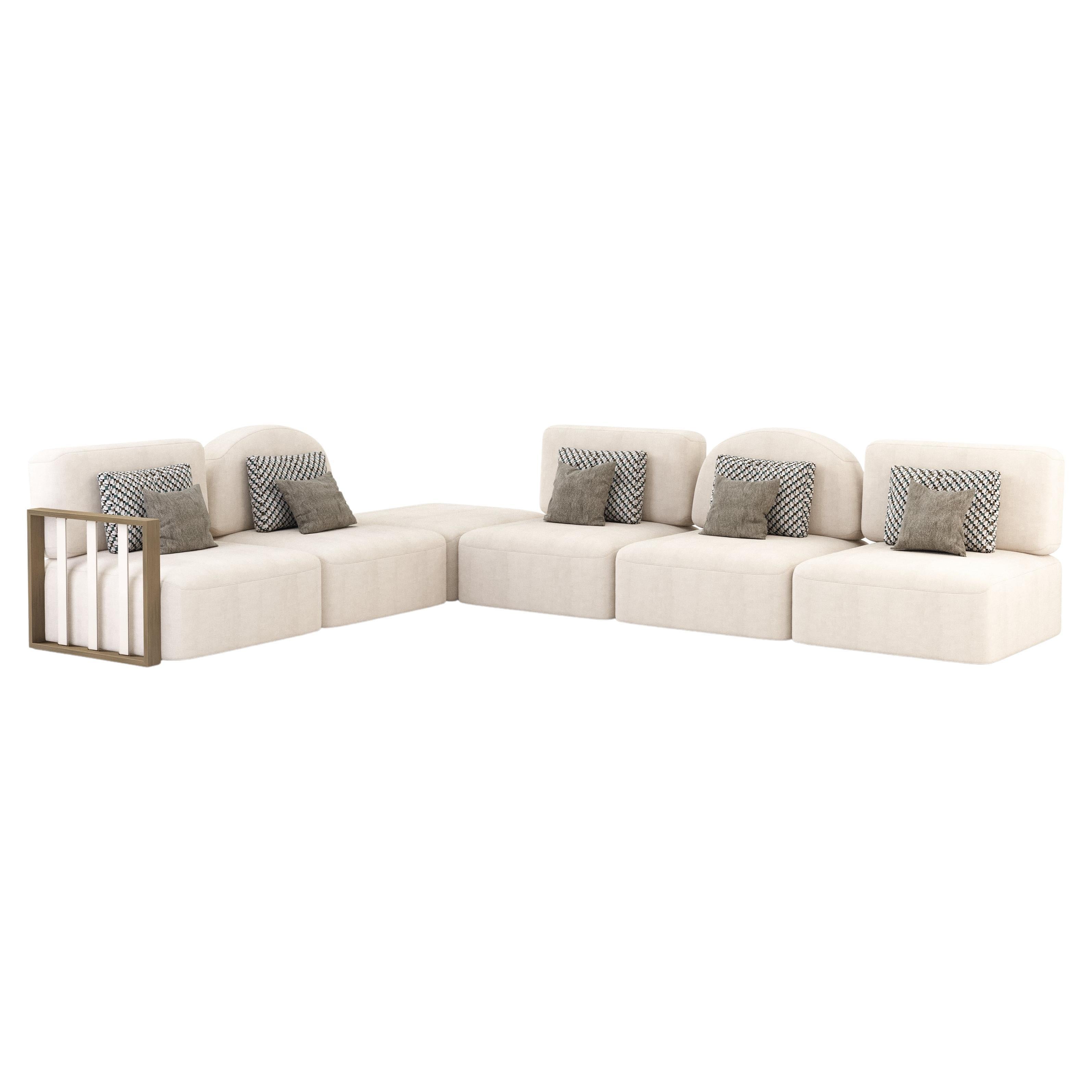 Modulares Sofa im Art-déco-Stil aus Messing, Leder und Textilien im Angebot