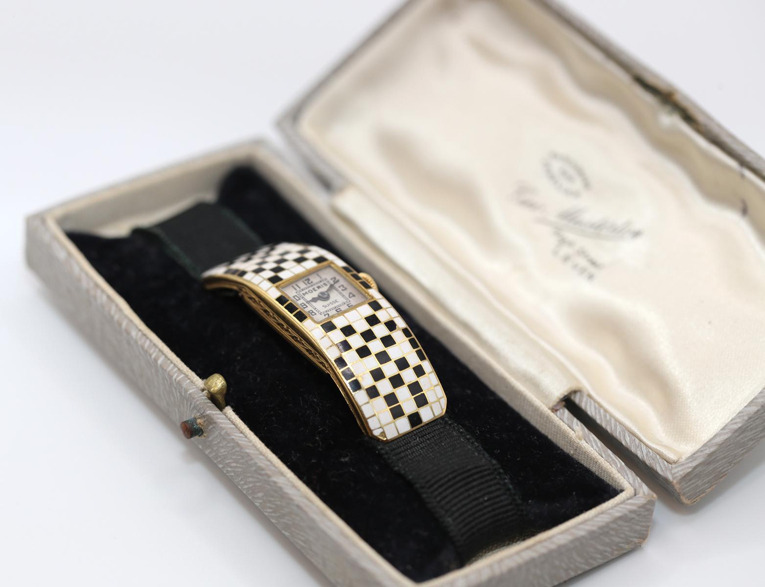 Women's Art Deco Curved Moeris Ladies Сheckered Enamel Watch Box, 1910 For Sale