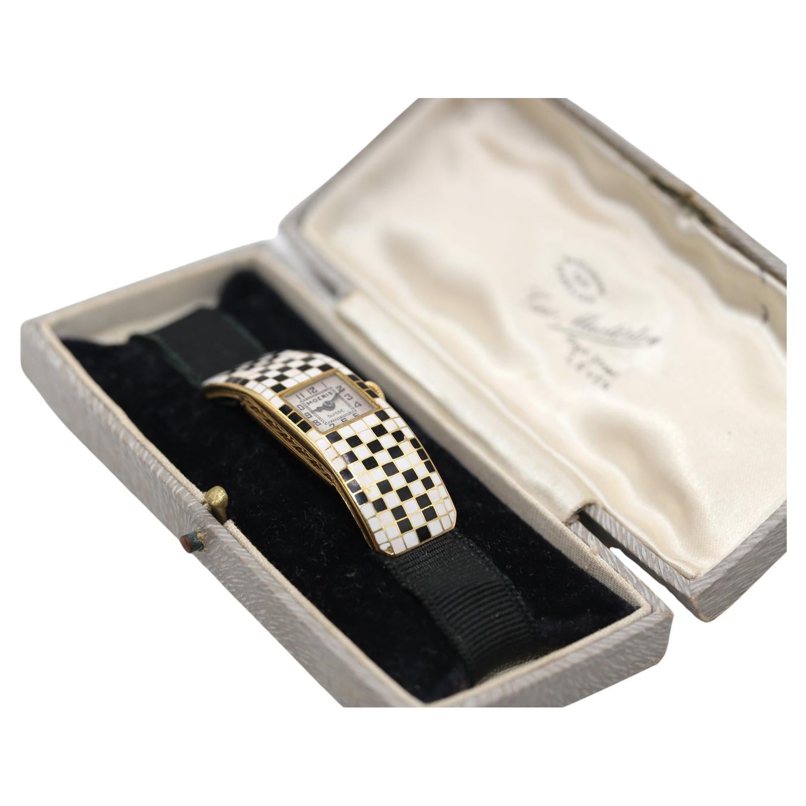 Art Deco Curved Moeris Ladies Сheckered Enamel Watch Box, 1910 For Sale