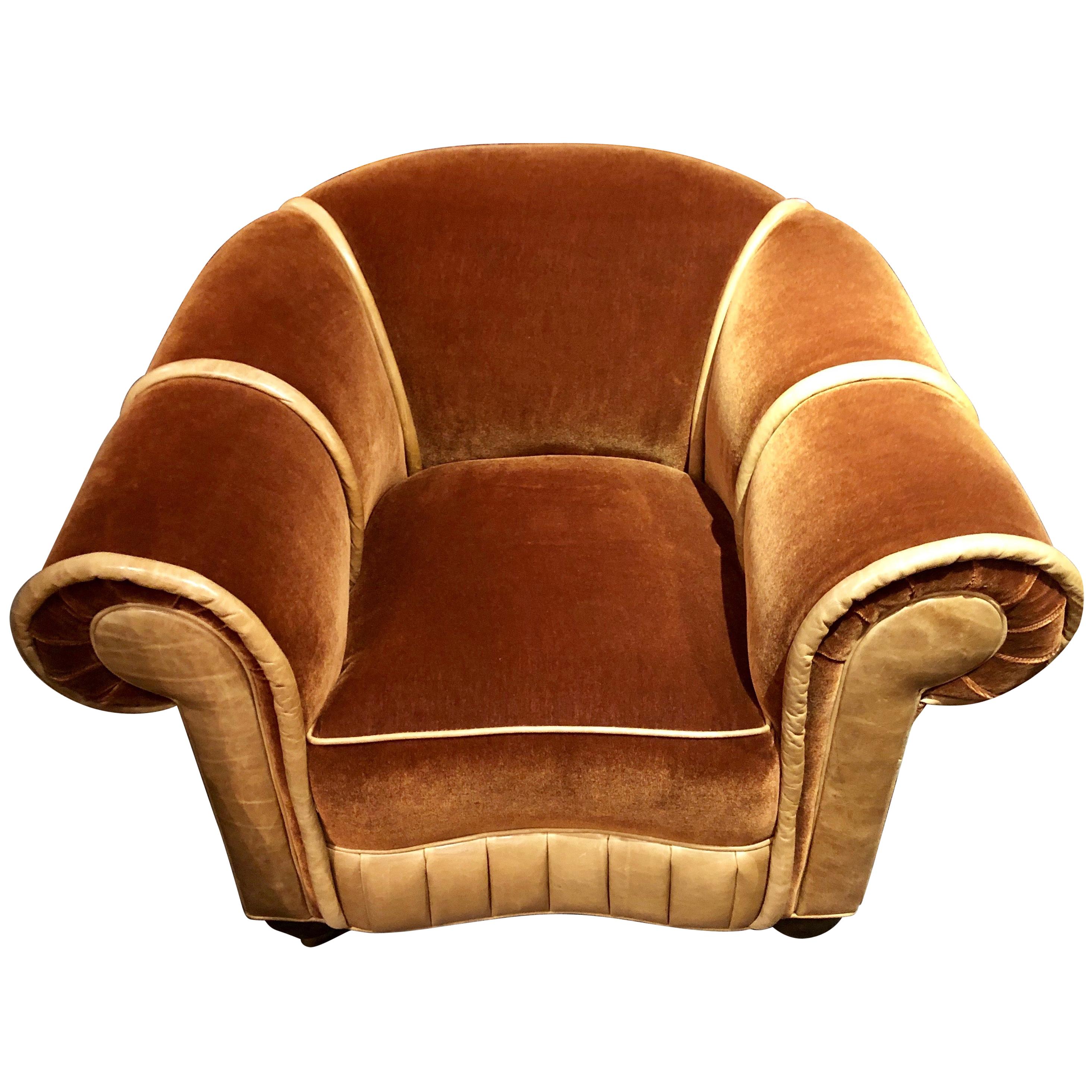 Art Deco Mohair and Leather Glamour Club Chair Hollywood