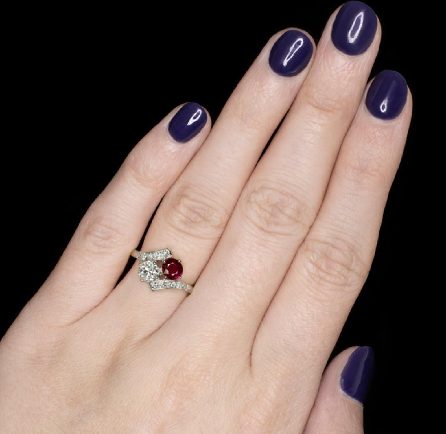 Round Cut Art Deco Moi&Toi 1.75 Carat No Heat Ruby Diamond White Gold Ring