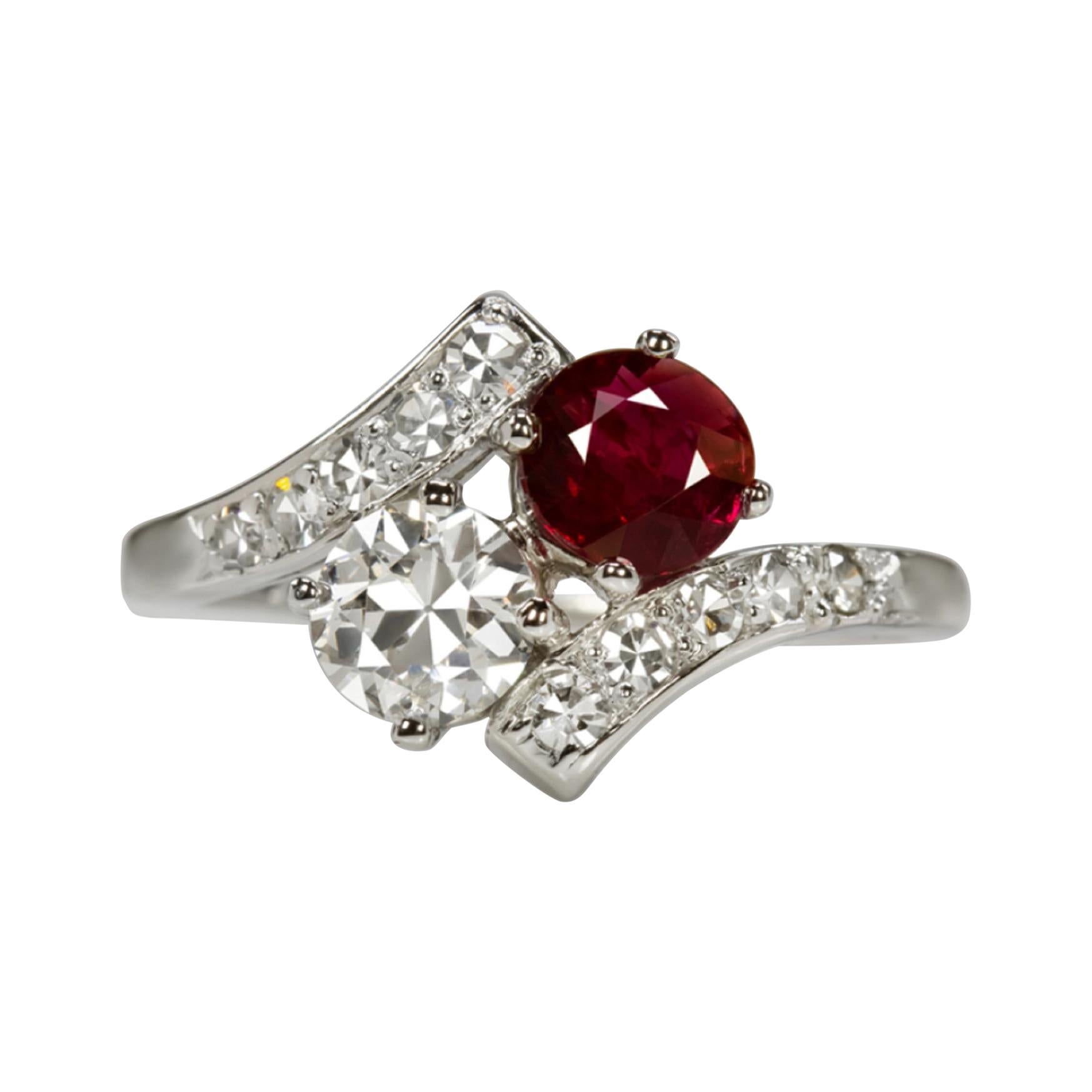 Art Deco Moi&Toi 1.75 Carat No Heat Ruby Diamond White Gold Ring