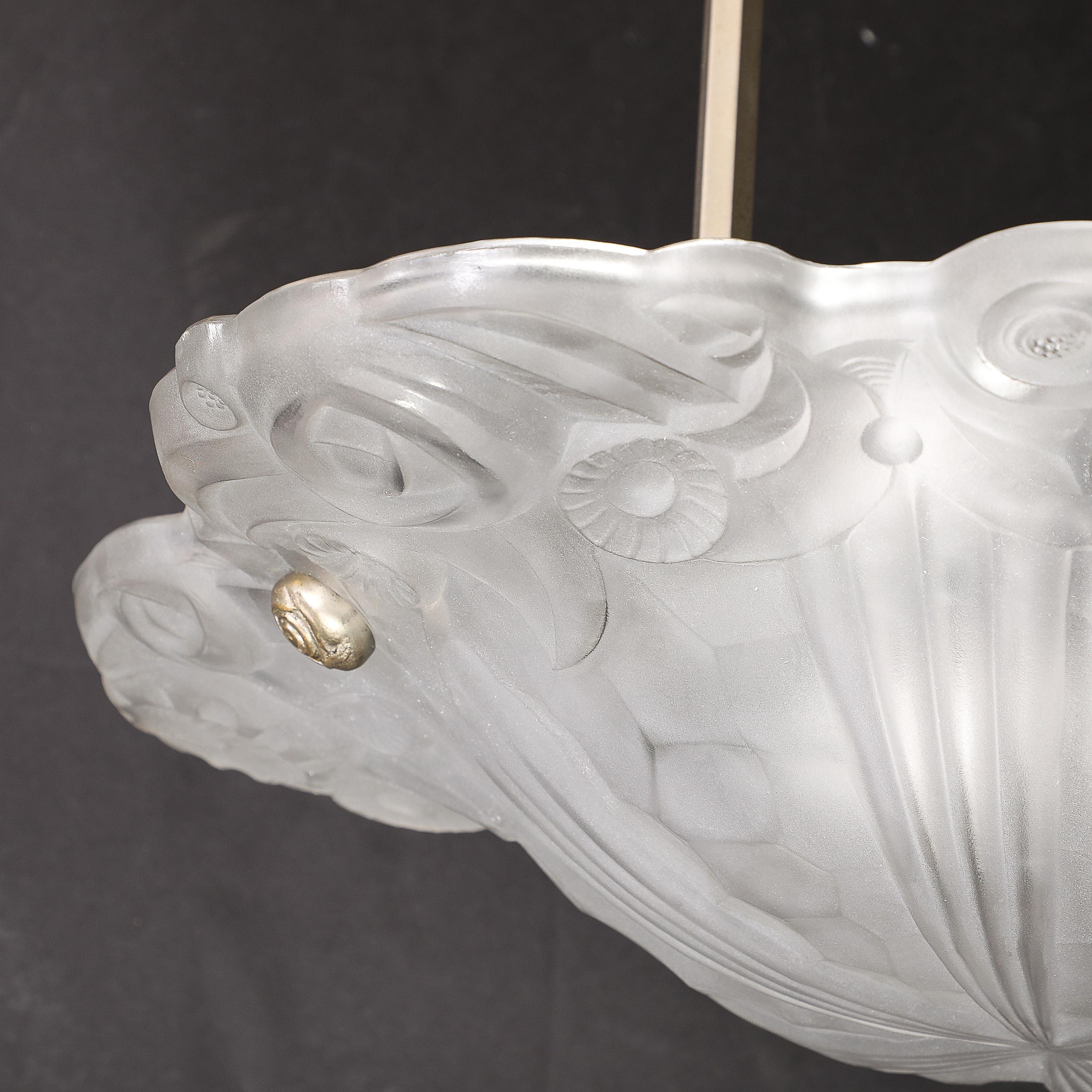 Art Deco geformt, mattiert floralen abstrakten kubistischen & Nickel-Kronleuchter signiert Degué im Angebot 10