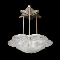 Art Deco Molded, Frosted Floral Abstract Cubist & Nickel Chandelier Signed Degué