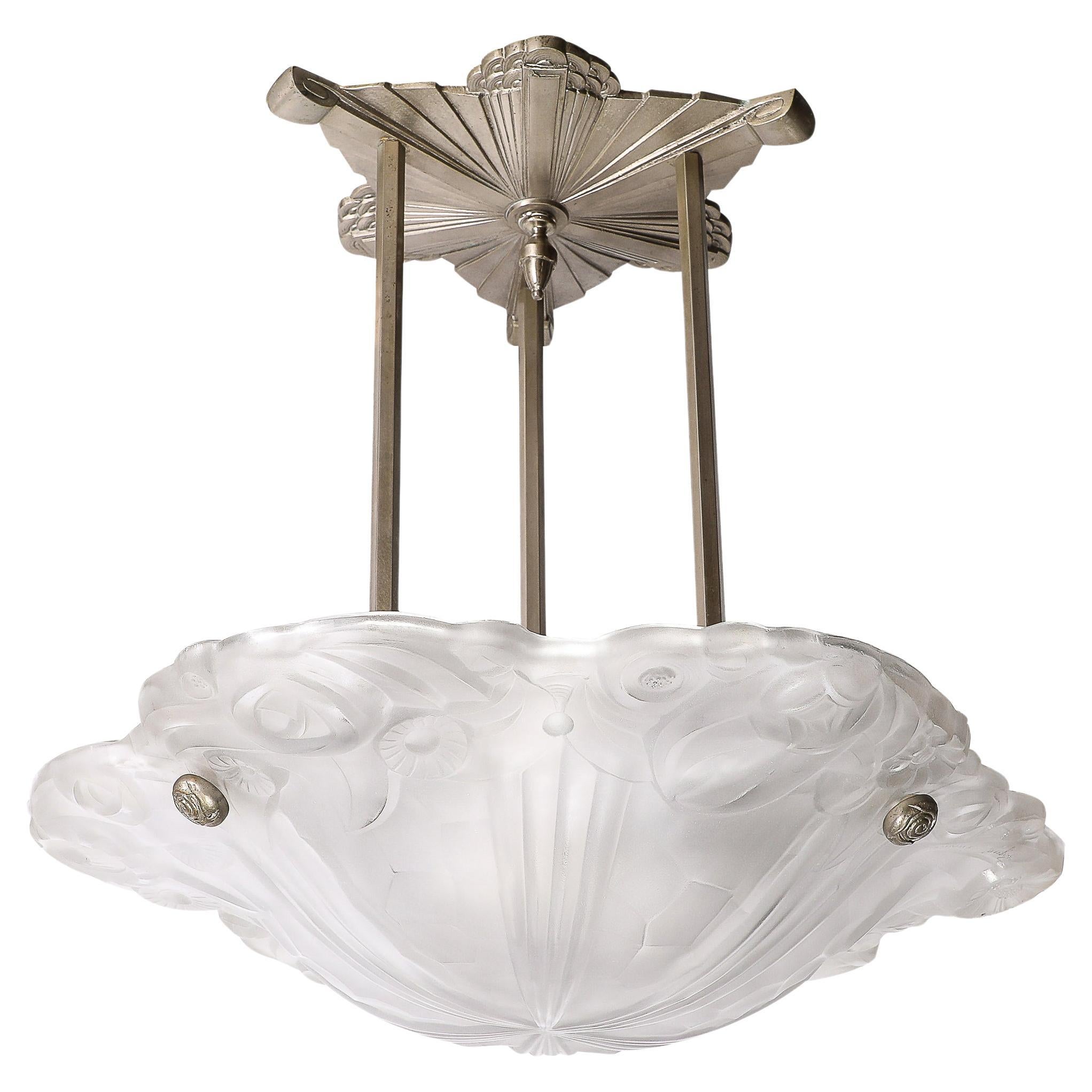 Art Deco Molded, Frosted Floral Abstract Cubist & Nickel Chandelier Signed Degué