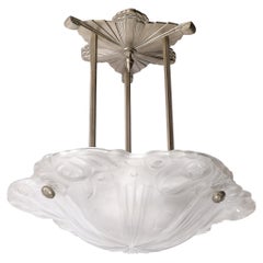 Art Deco Molded, Frosted Floral Abstract Cubist & Nickel Chandelier Signed Degué