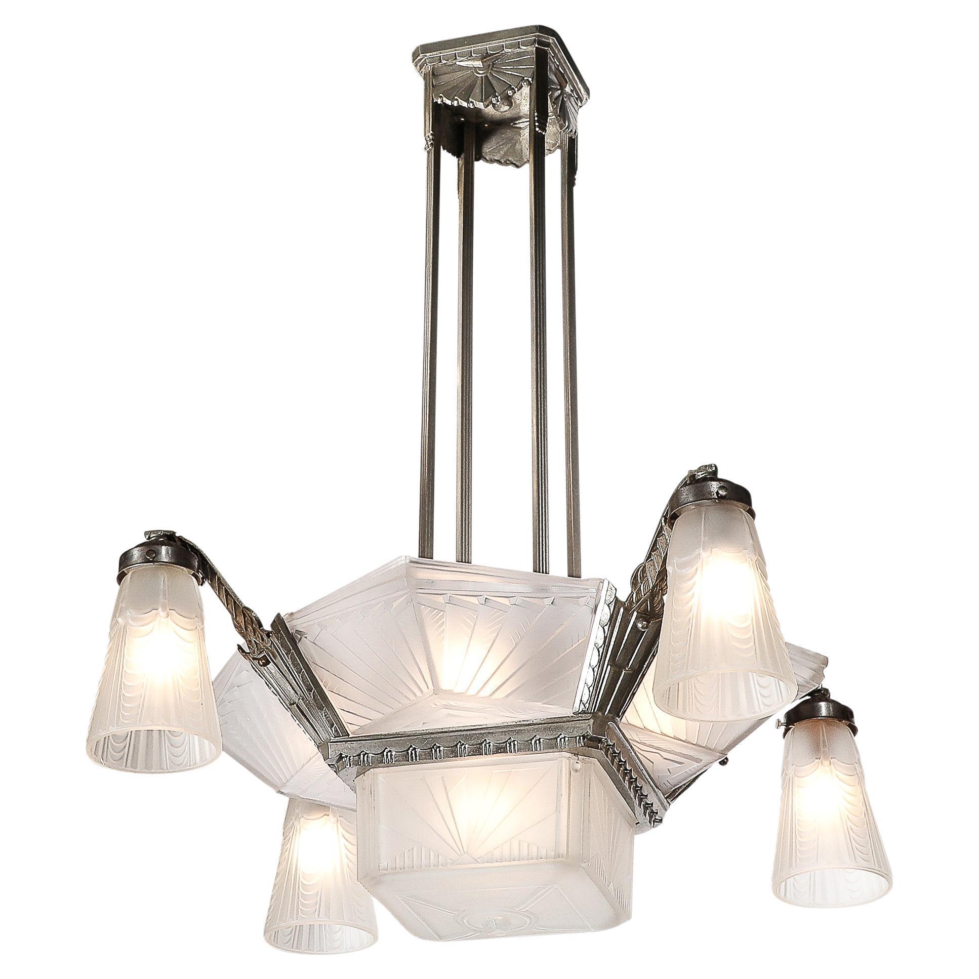 Art Deco Molded, Frosted Glass Chandelier signed EJG Etablissement Jean Gauthier