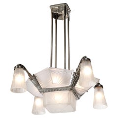 Art Deco Molded, Frosted Glass Chandelier signed EJG Etablissement Jean Gauthier