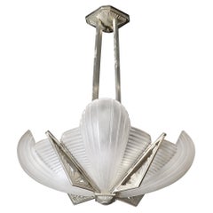 Art Deco Molded 
Frosted Glass Chandelier with Nickel Fittings by Petitot