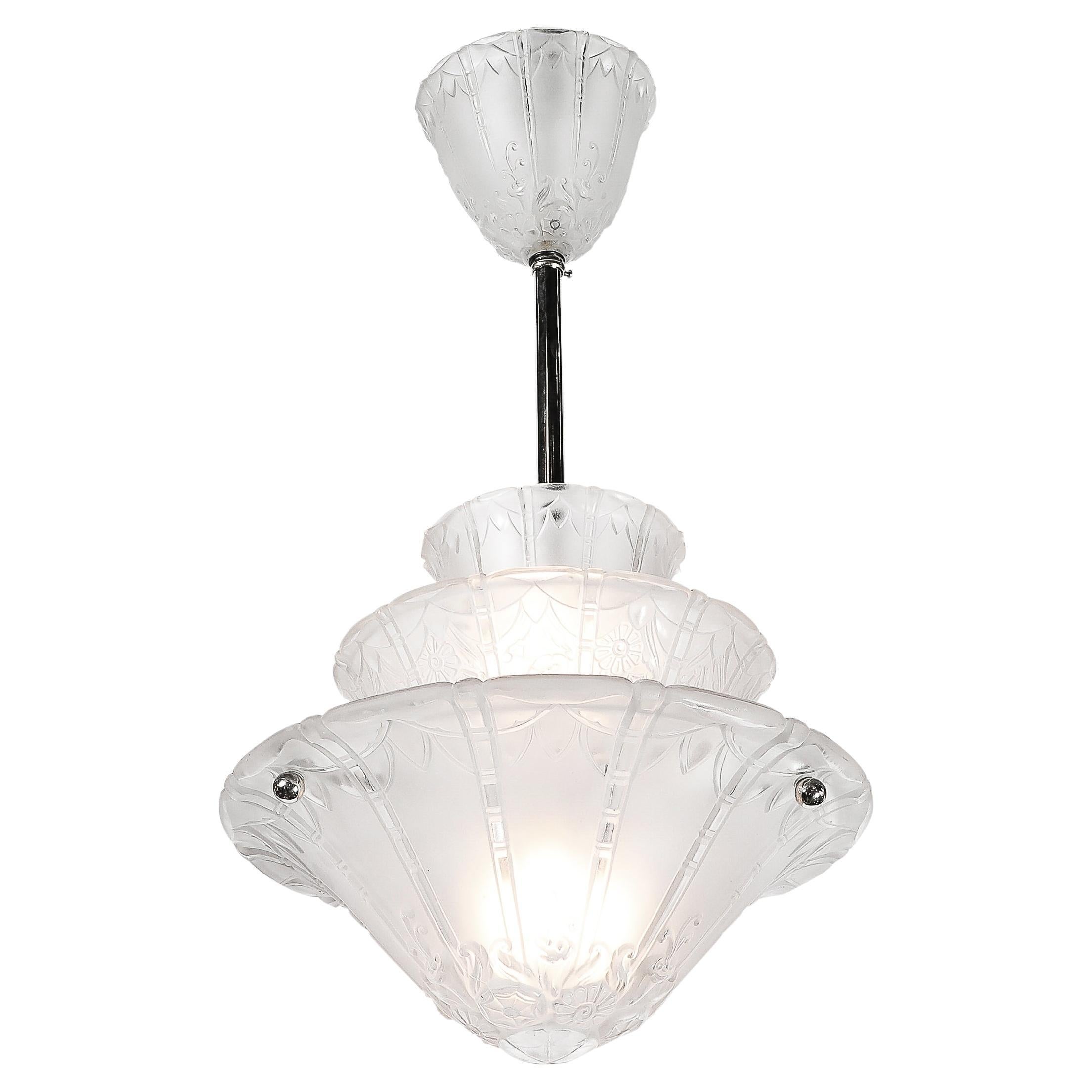 Art Deco Molded & Frosted Glass Pendant Relief Detailed Chandelier signed Daum