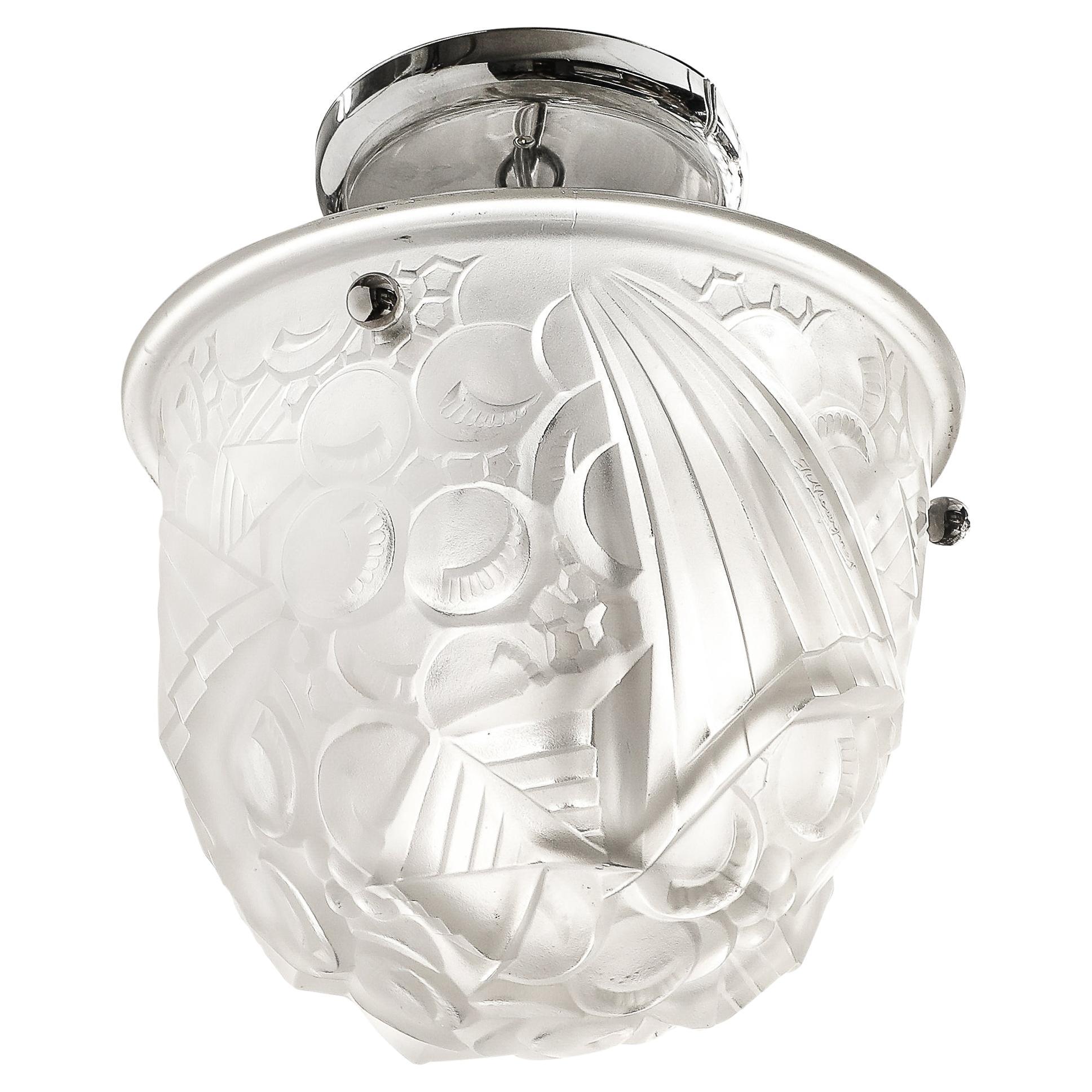 Art Deco Molded & Frosted Glass Pendant w/ Cubist Detailing by Muller Freres