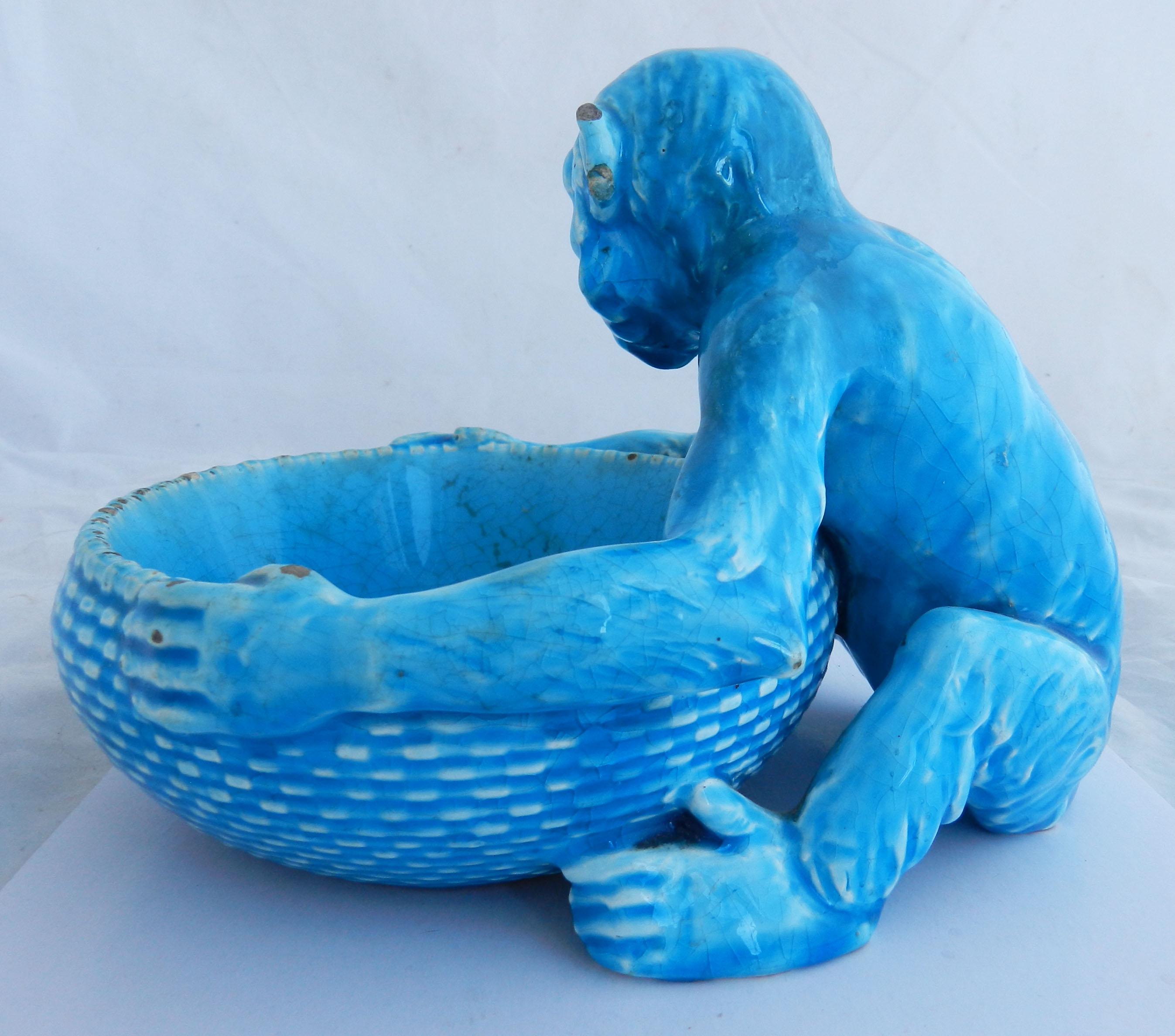 Ceramic Art Deco Monkey Bowl, Blue c1930 FREE SHIPPING