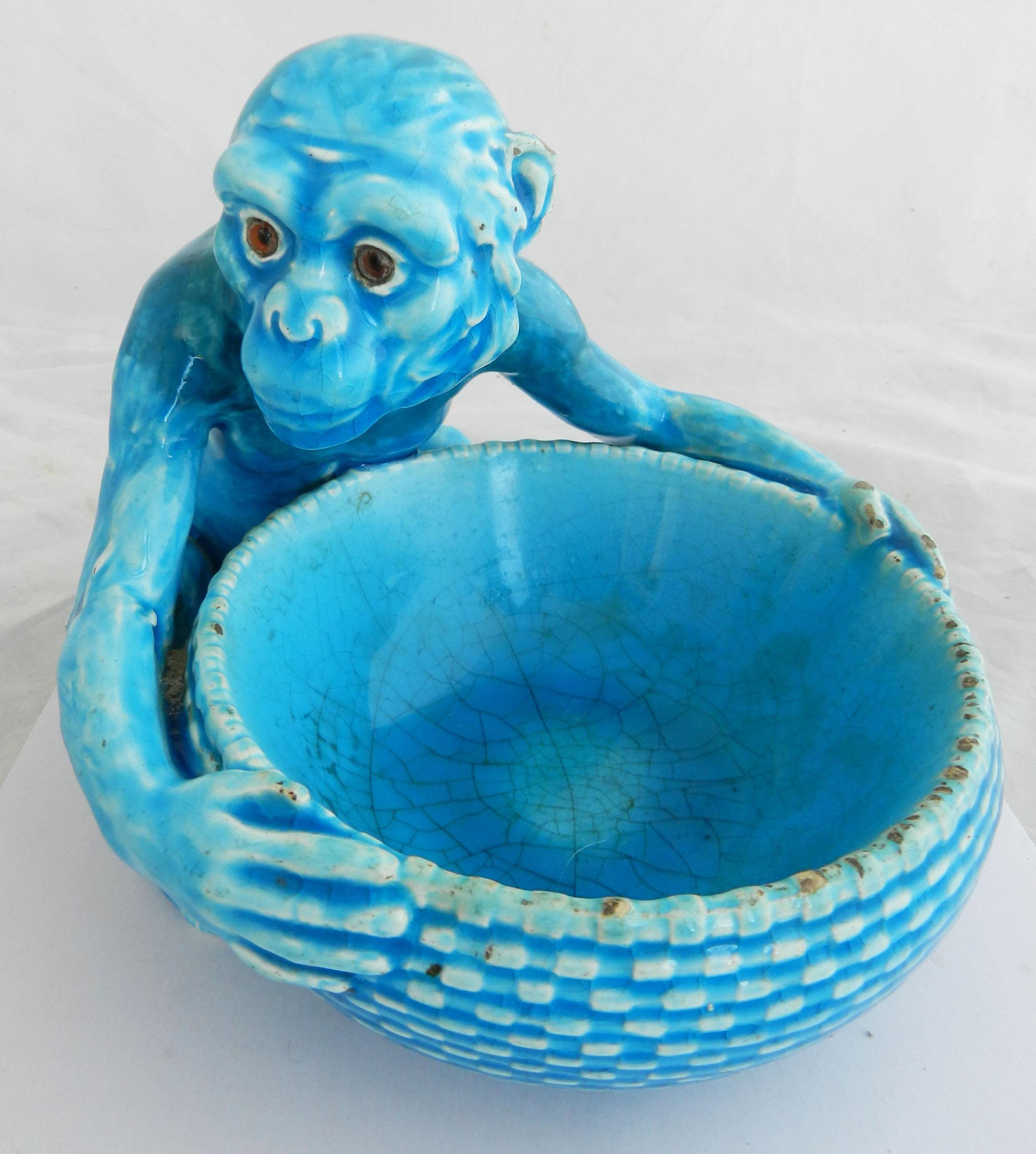 Art Deco Monkey Bowl, Blue c1930 FREE SHIPPING 2