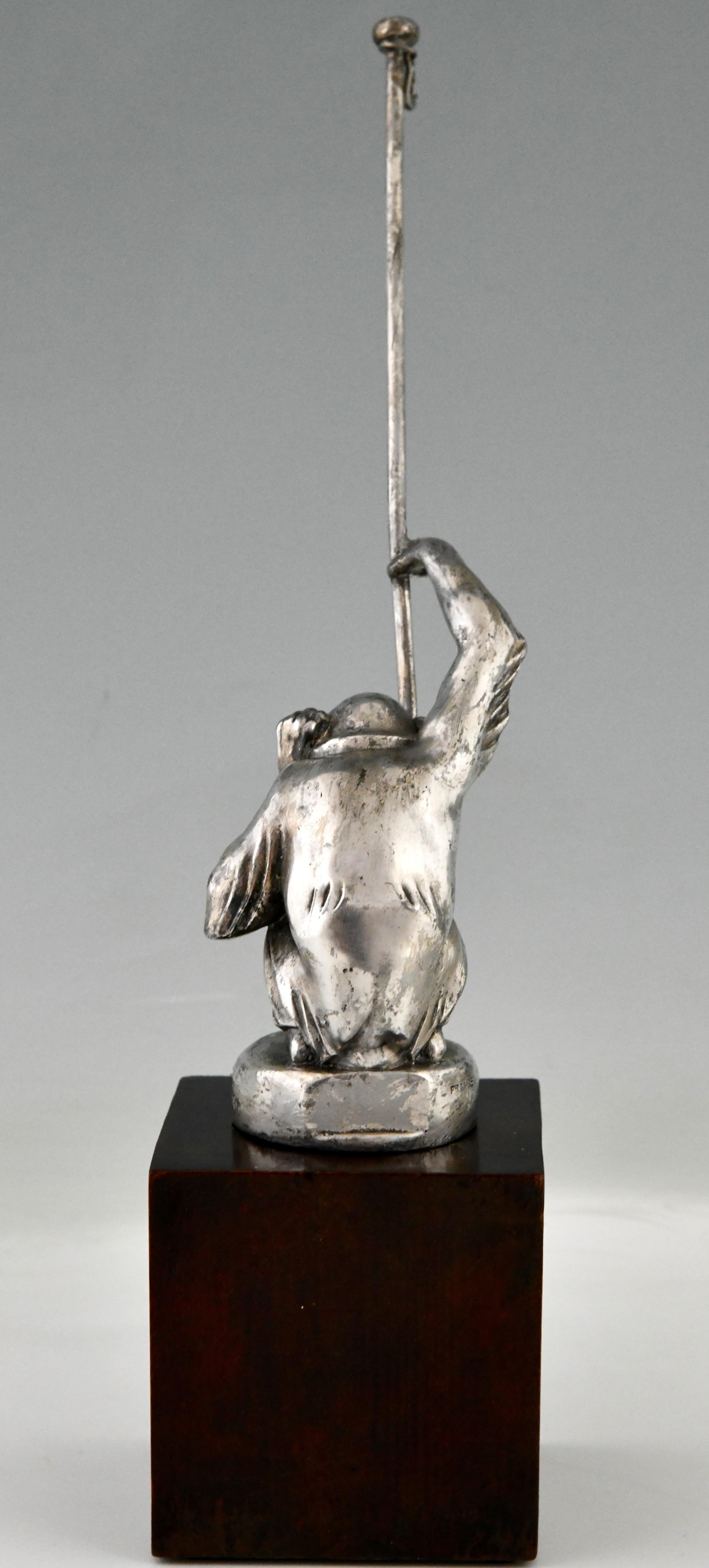 Metal Art Deco Monkey Car Mascot with Flag Pole Boubou by Max Le Verrier France 1920 For Sale