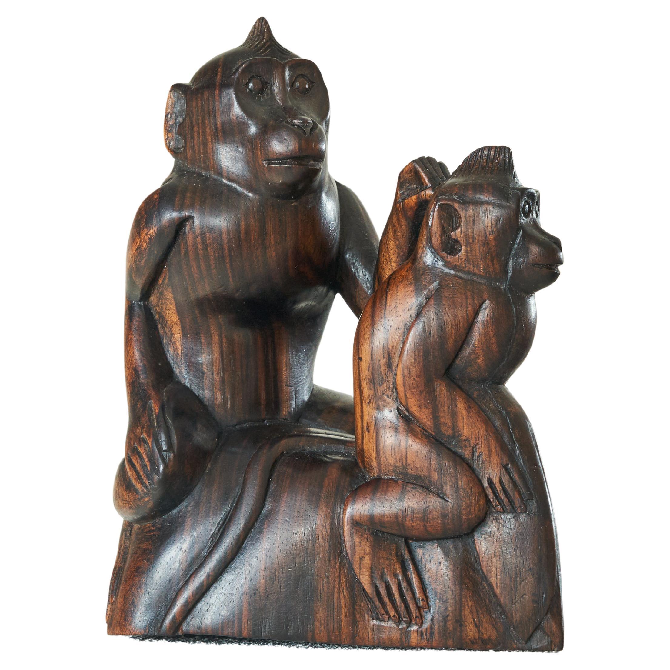 Art Deco Monkeys Sculpture in Wood For Sale