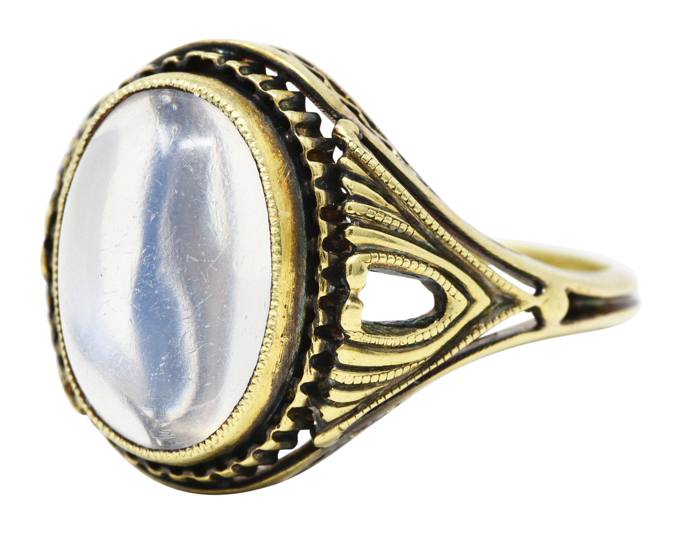 Cabochon Art Deco Moonstone 14 Karat Green Gold Gemstone Antique Ring