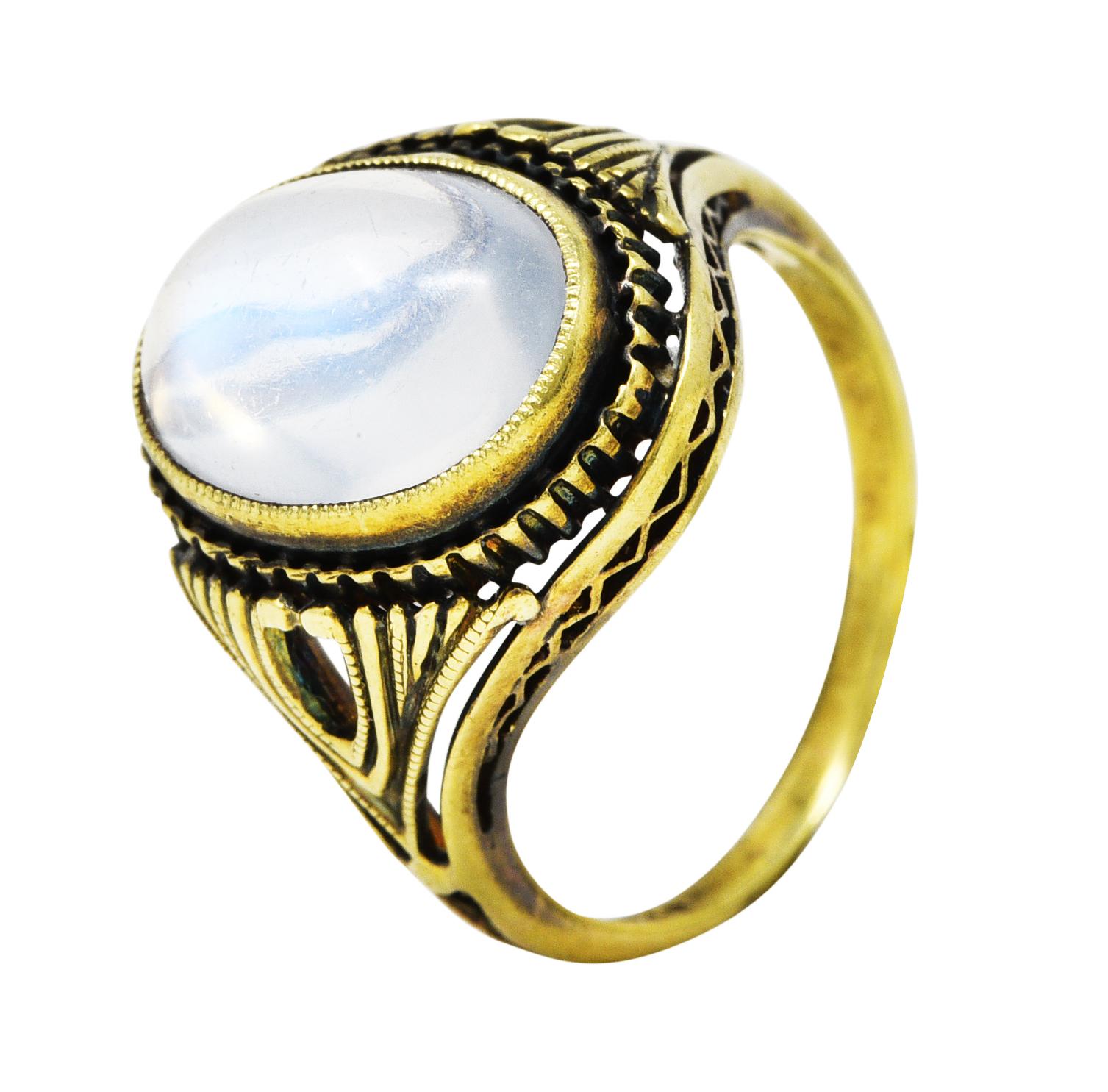 Art Deco Moonstone 14 Karat Green Gold Gemstone Antique Ring 1