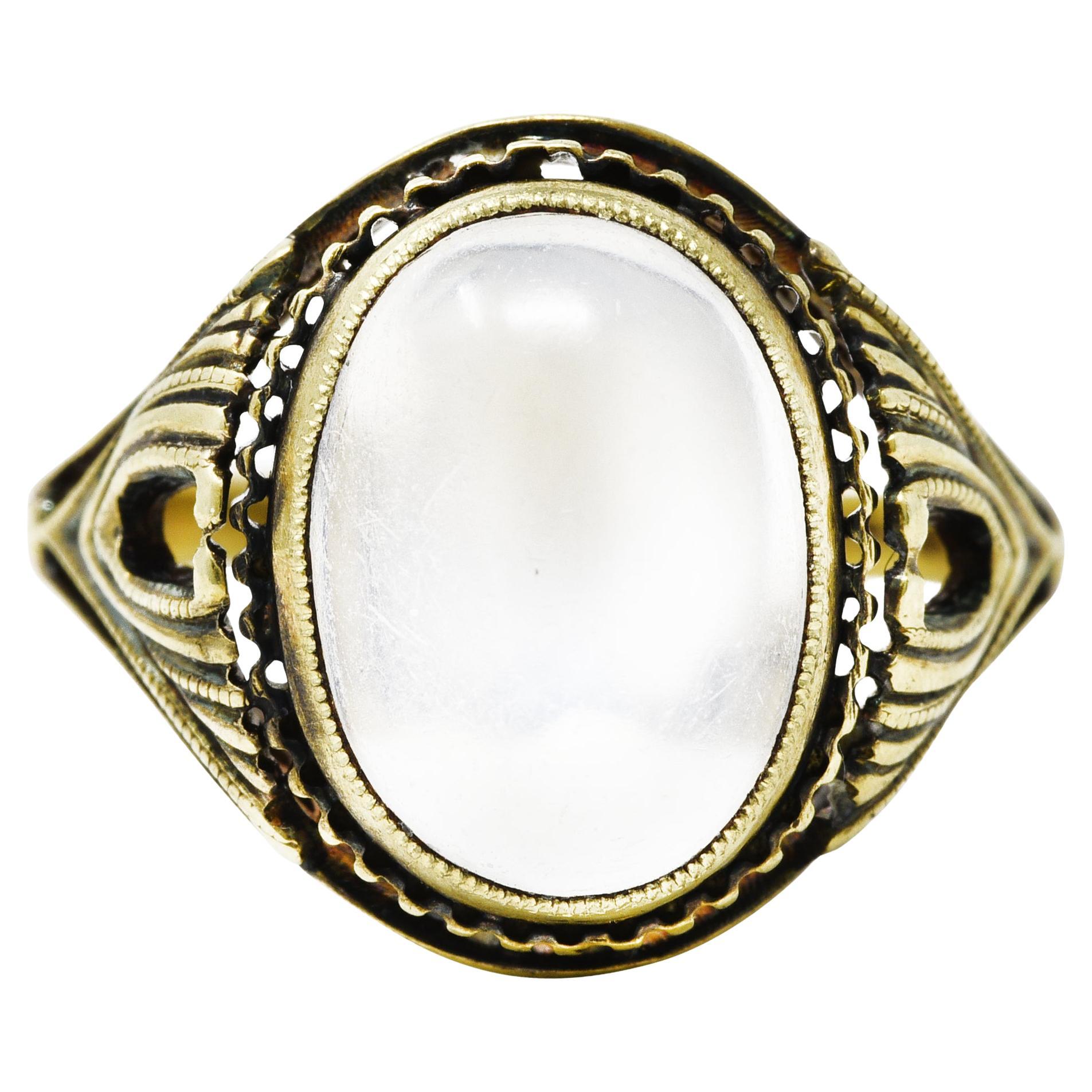Art Deco Moonstone 14 Karat Green Gold Gemstone Antique Ring