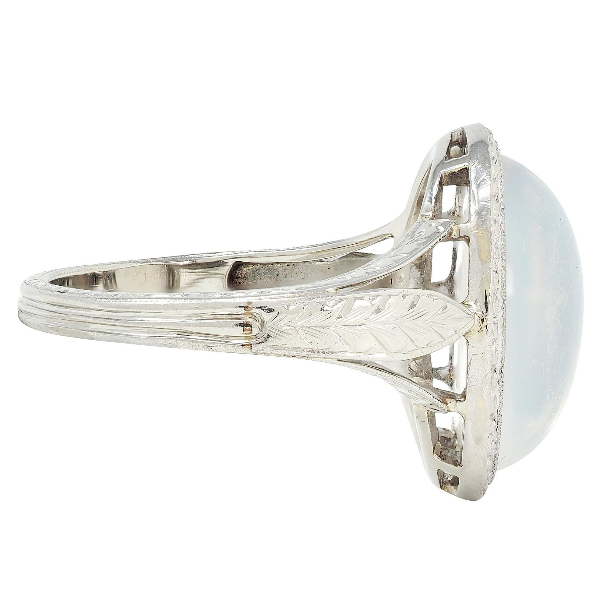 Women's Art Deco Moonstone 18 Karat White Gold Vintage Wheat Dinner Ring For Sale