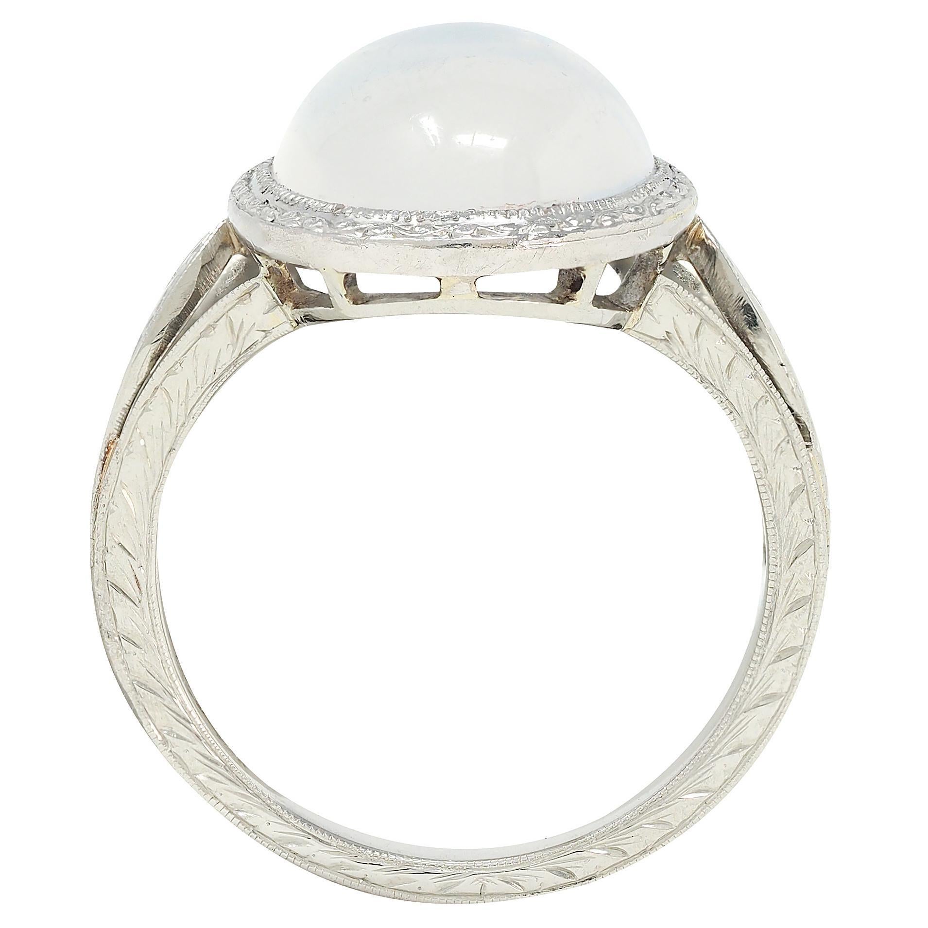 Art Deco Moonstone 18 Karat White Gold Vintage Wheat Dinner Ring For Sale 1