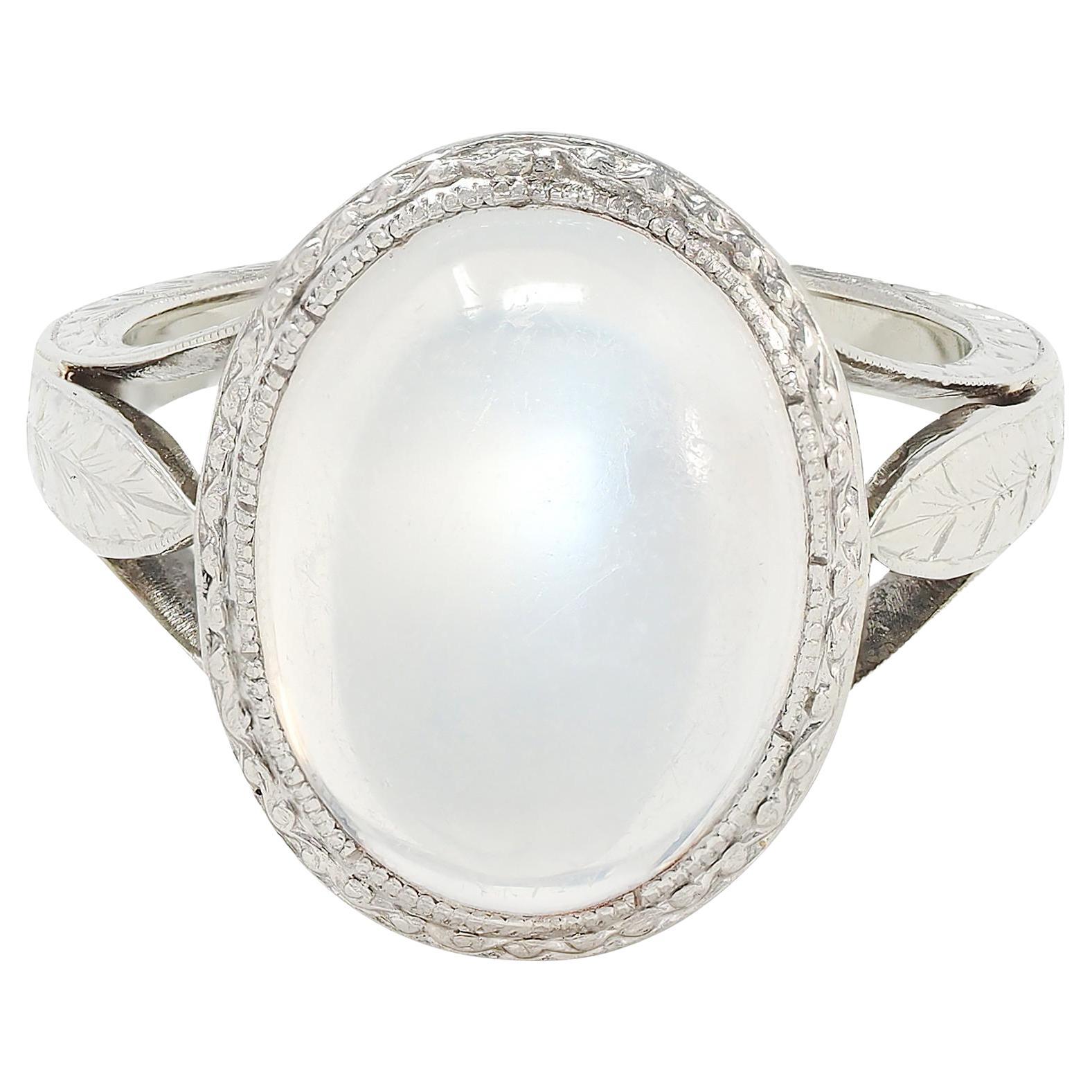 Art Deco Moonstone 18 Karat White Gold Vintage Wheat Dinner Ring