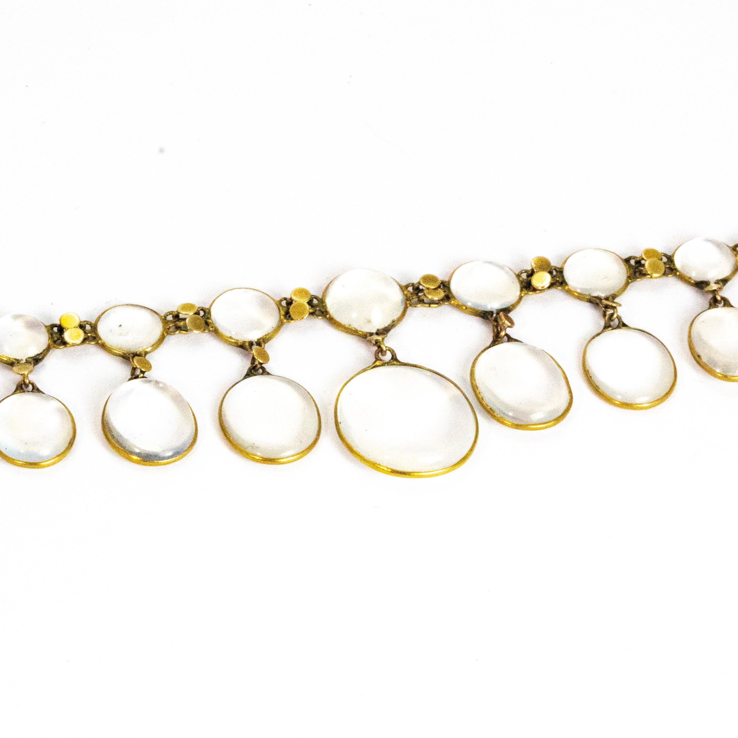Women's or Men's Art Deco Moonstone and 9 Carat Gold Fringe Necklace