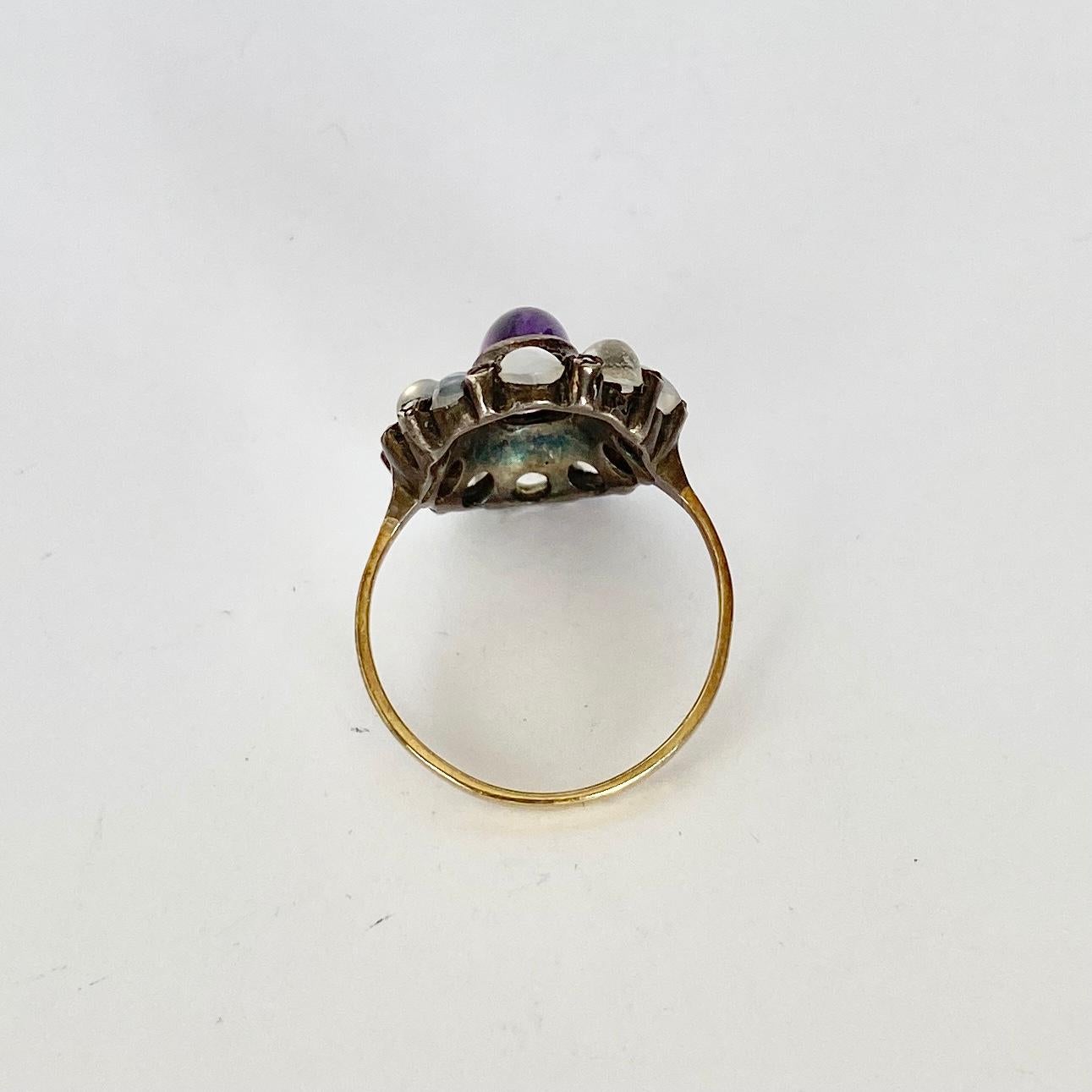 Cabochon Art Deco Moonstone and Amethyst Gold and Silver Ring
