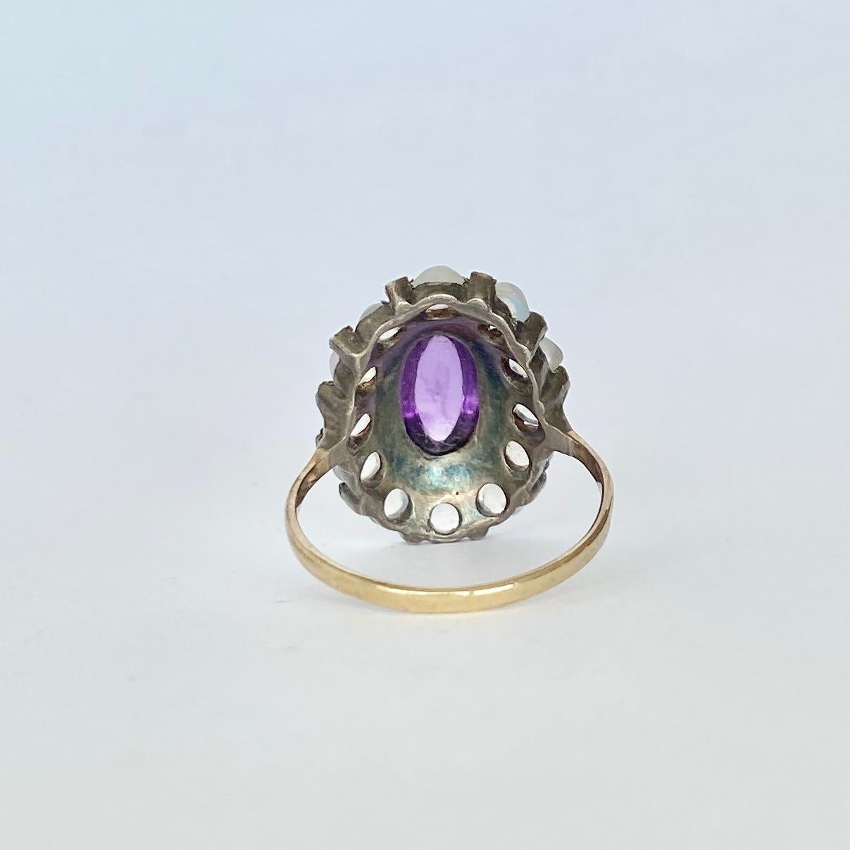Art Deco Moonstone and Amethyst Gold and Silver Ring In Good Condition In Chipping Campden, GB