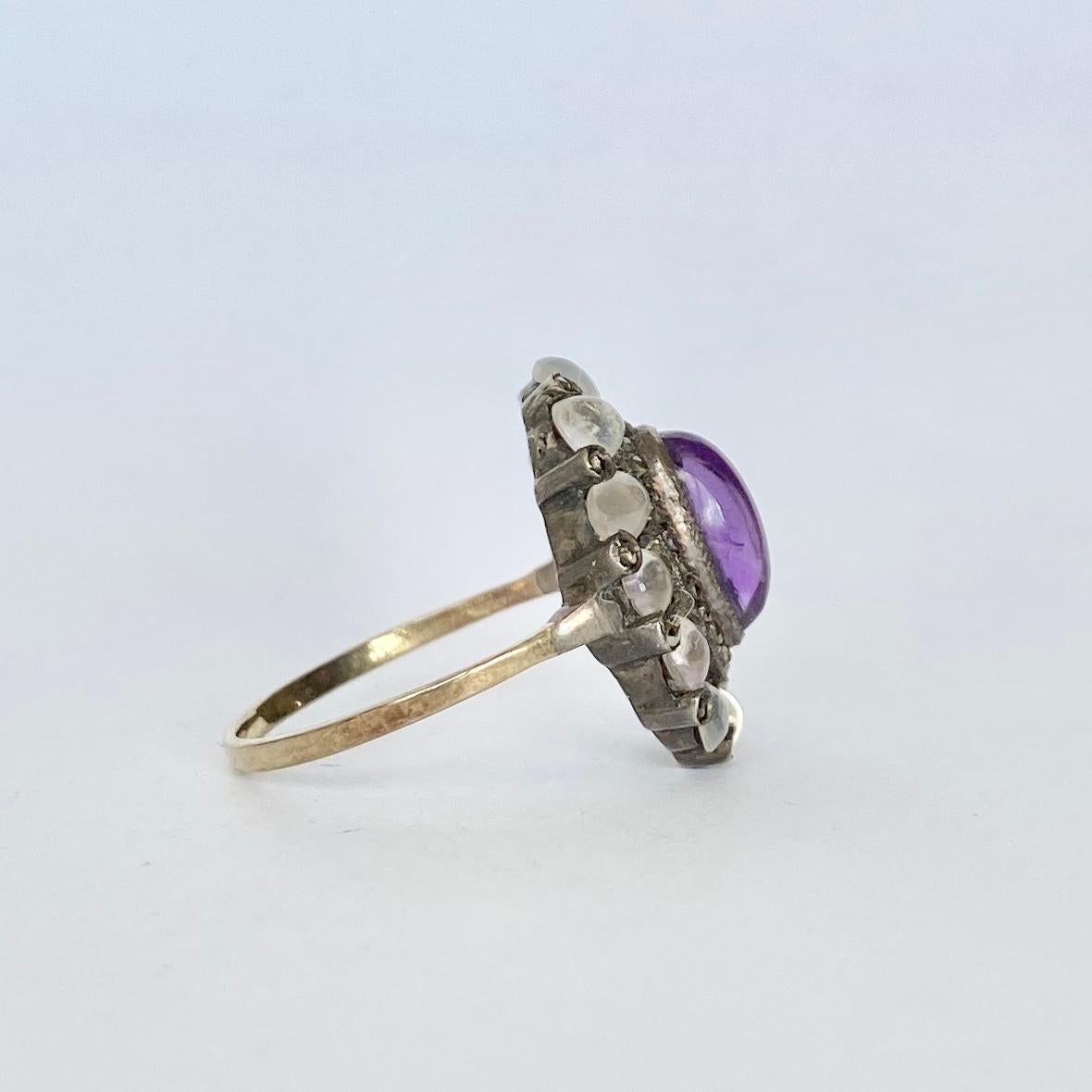 Women's Art Deco Moonstone and Amethyst Gold and Silver Ring