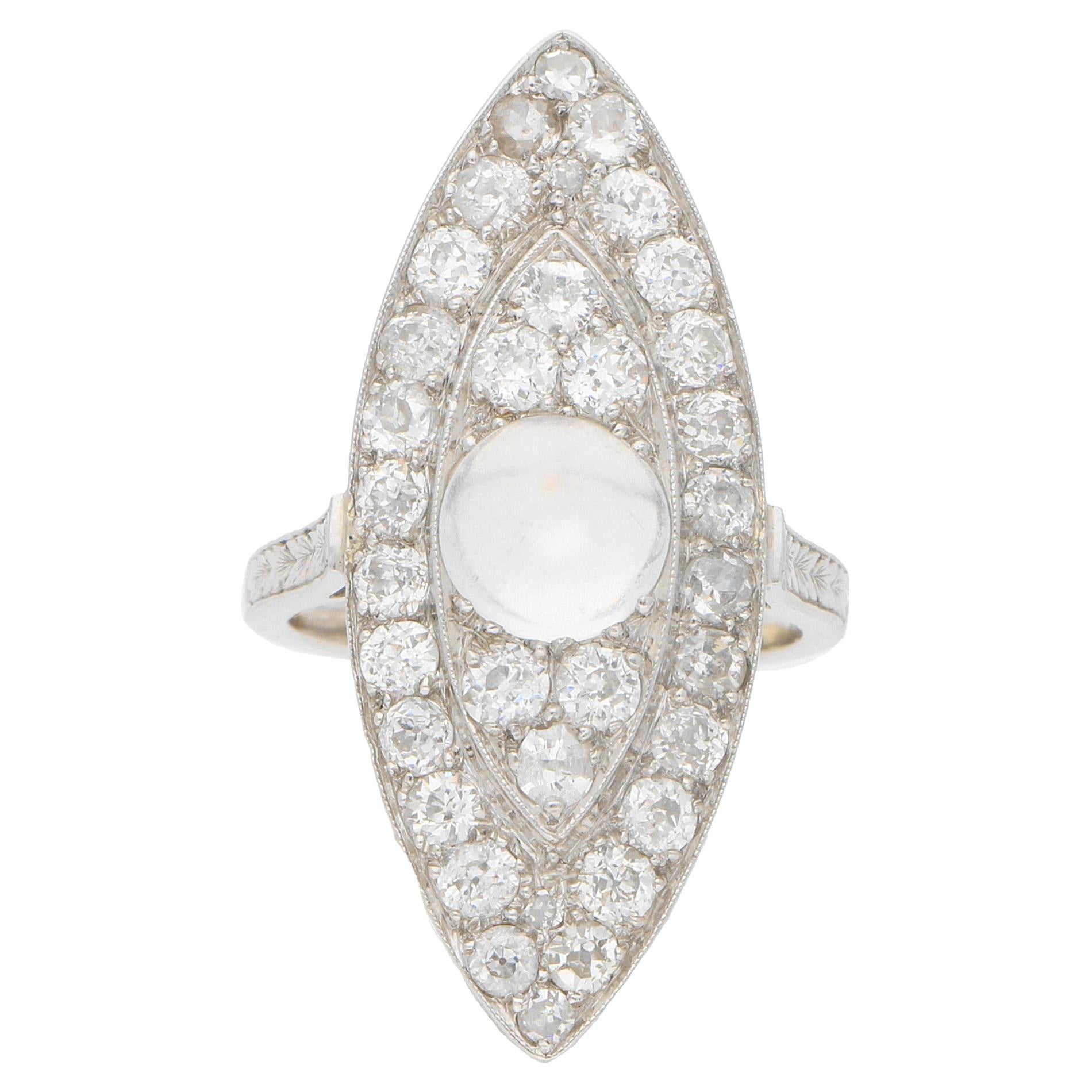 Art Deco Moonstone and Diamond Cocktail Dress Ring Set in Platinum