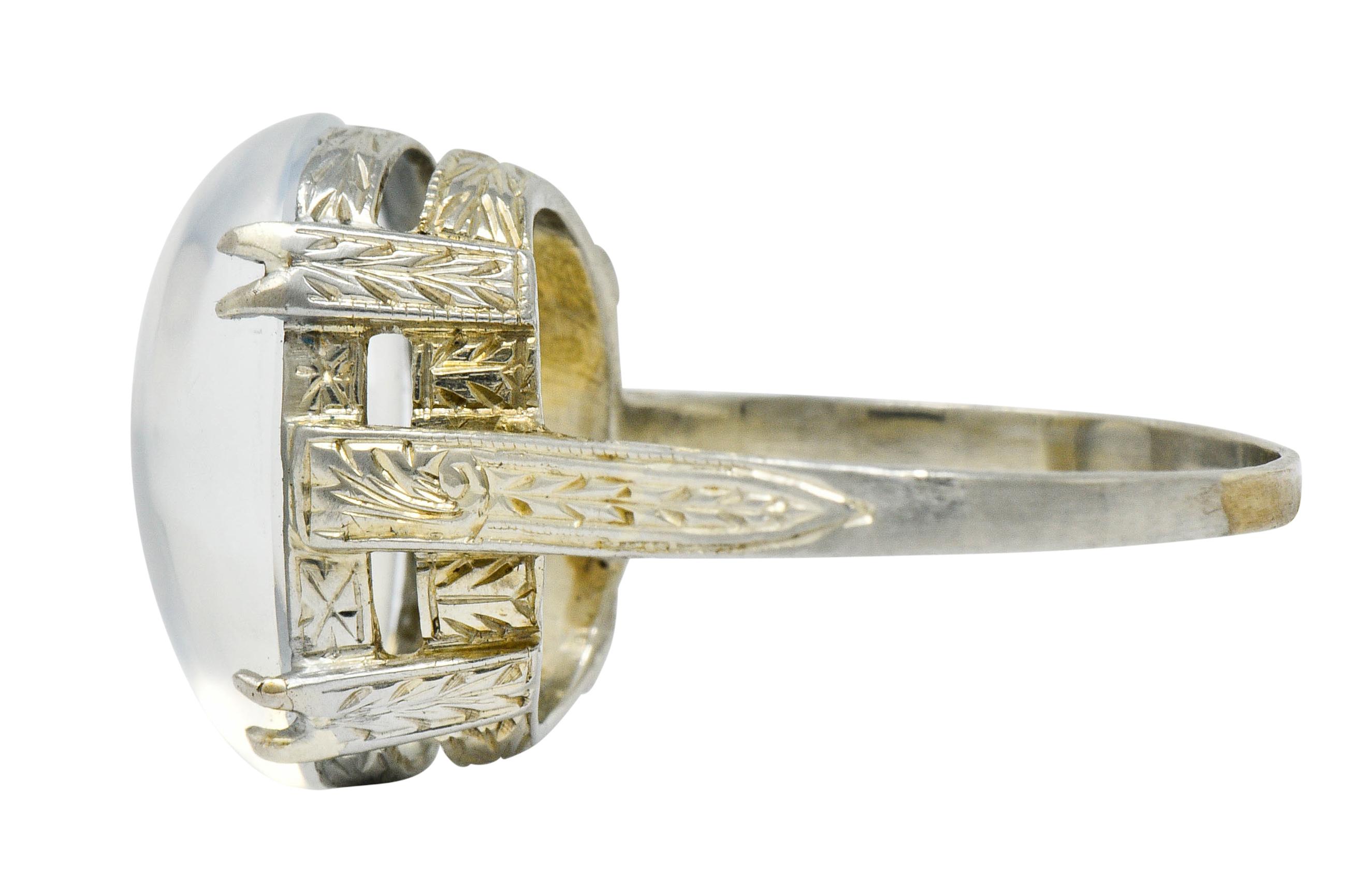 Women's or Men's Art Deco Moonstone Cabochon 18 Karat White Gold Statement Ring