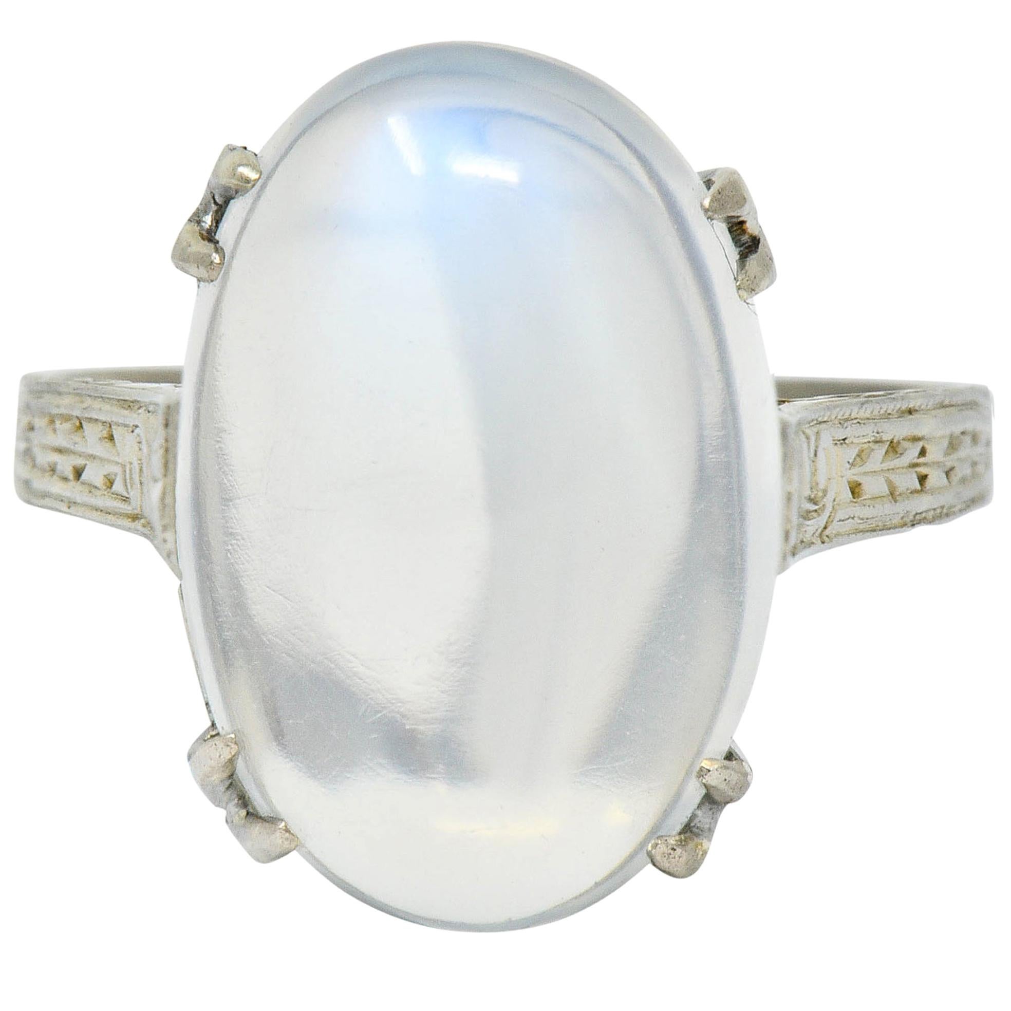 Art Deco Moonstone Cabochon 18 Karat White Gold Statement Ring
