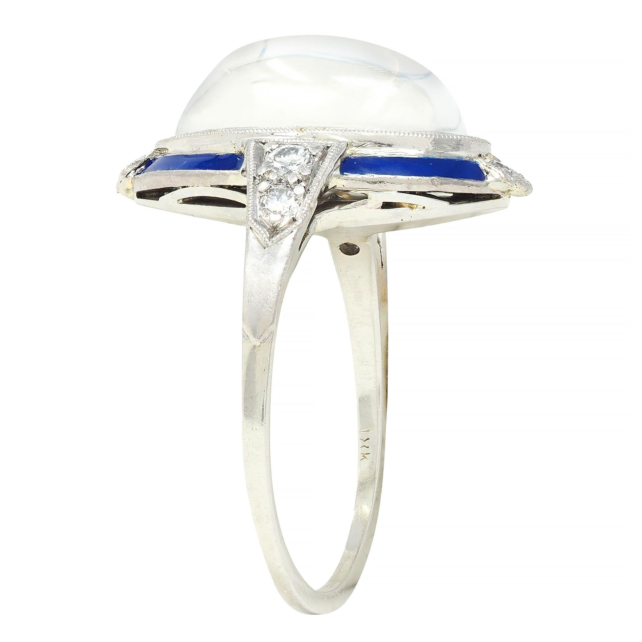 Art Deco Moonstone Diamond Enamel 18 Karat White Gold Antique Dinner Ring 5