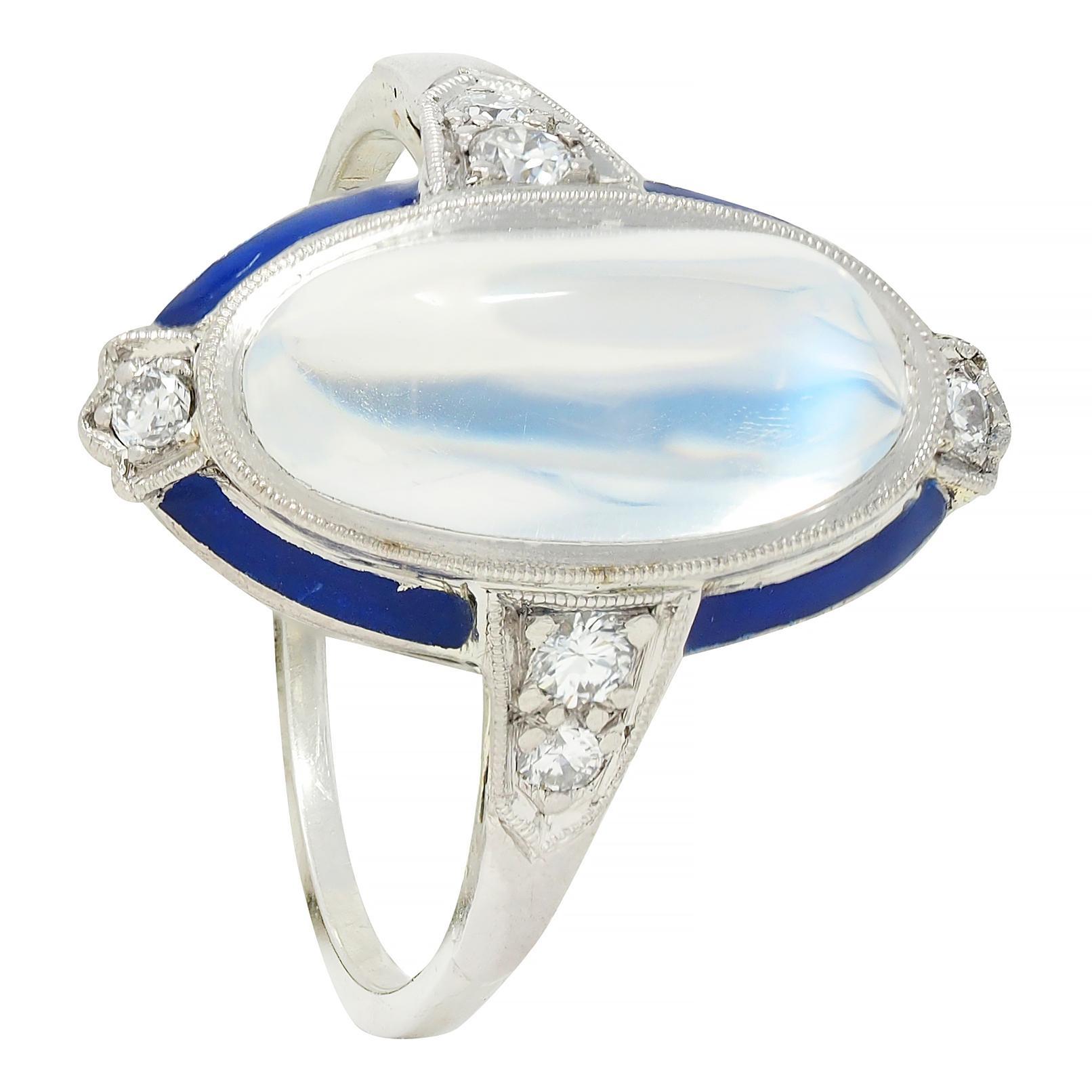 Art Deco Moonstone Diamond Enamel 18 Karat White Gold Antique Dinner Ring 6