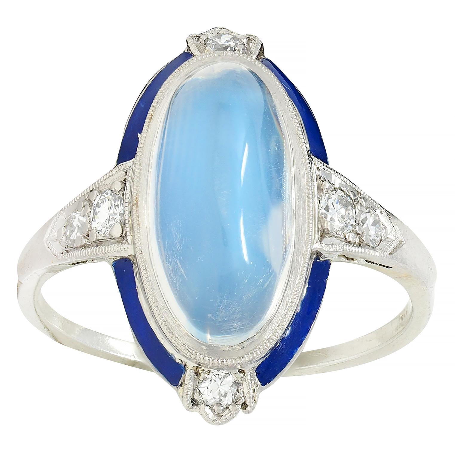 Art Deco Moonstone Diamond Enamel 18 Karat White Gold Antique Dinner Ring 7