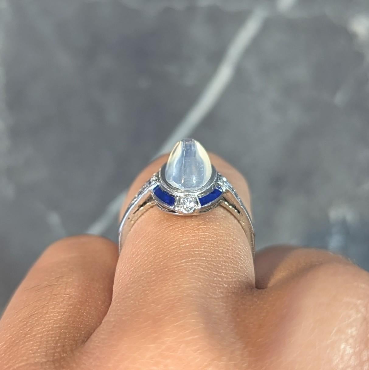 Art Deco Moonstone Diamond Enamel 18 Karat White Gold Antique Dinner Ring 8
