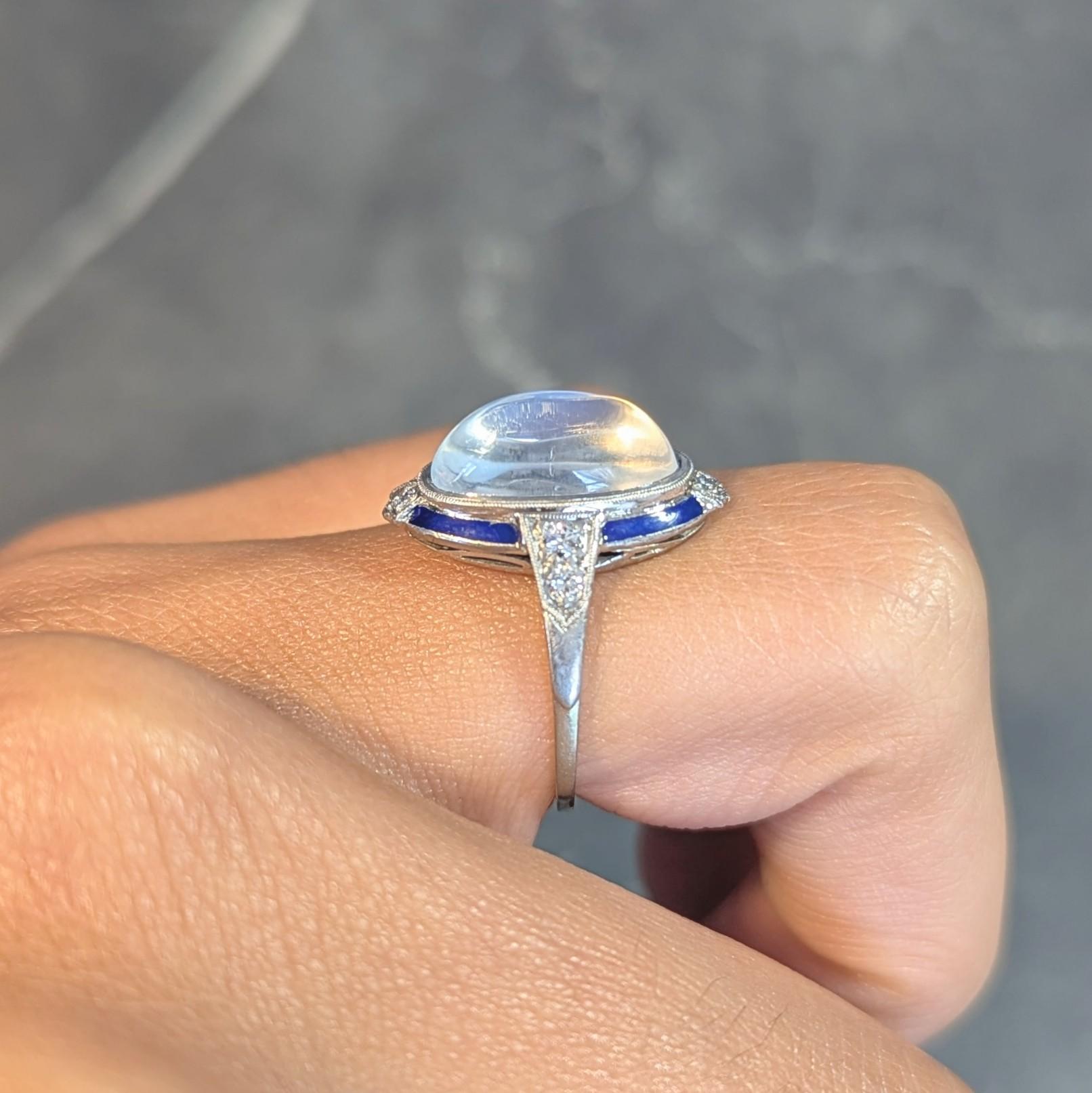 Art Deco Moonstone Diamond Enamel 18 Karat White Gold Antique Dinner Ring 9