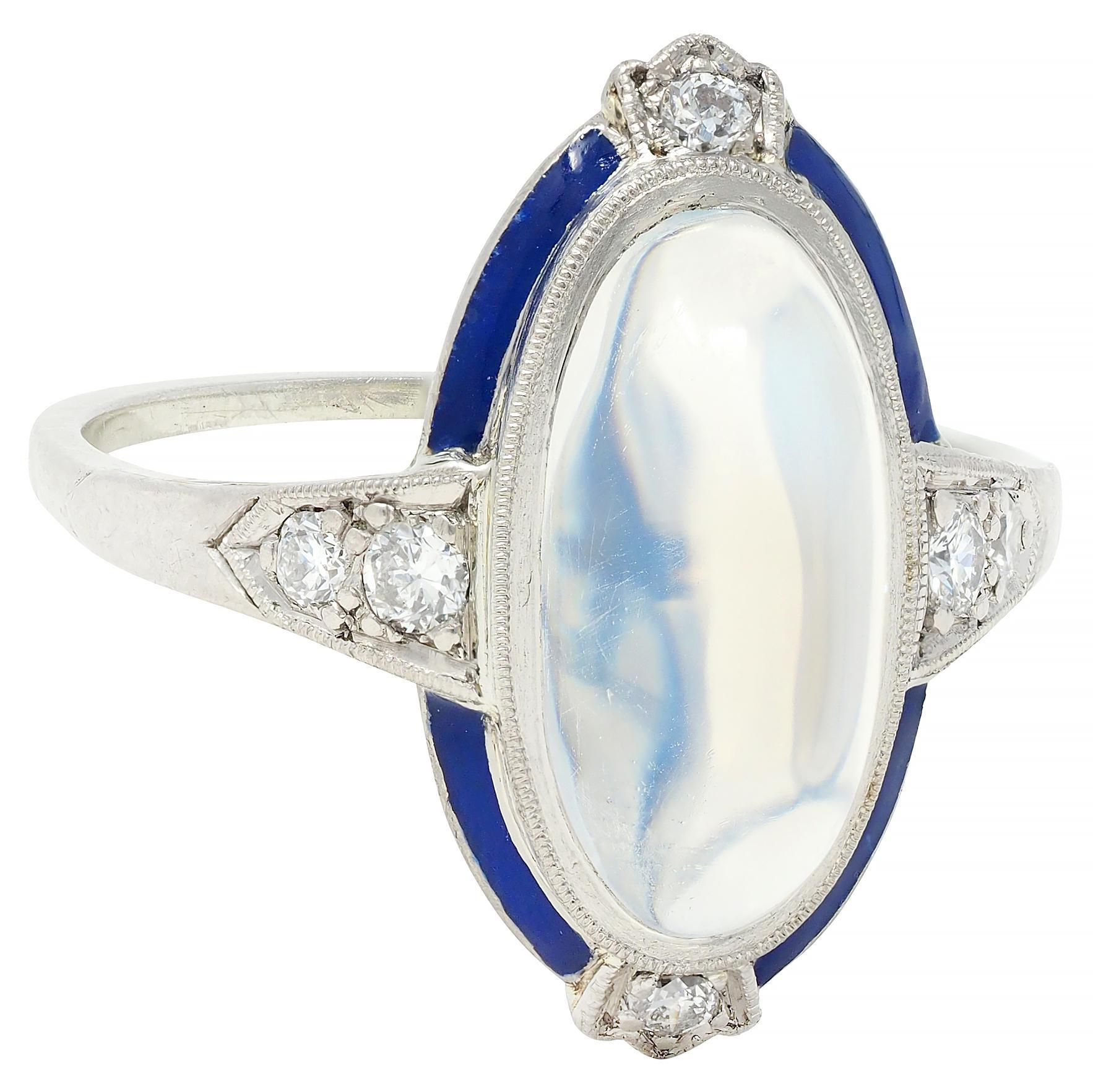 Art Deco Moonstone Diamond Enamel 18 Karat White Gold Antique Dinner Ring In Excellent Condition In Philadelphia, PA