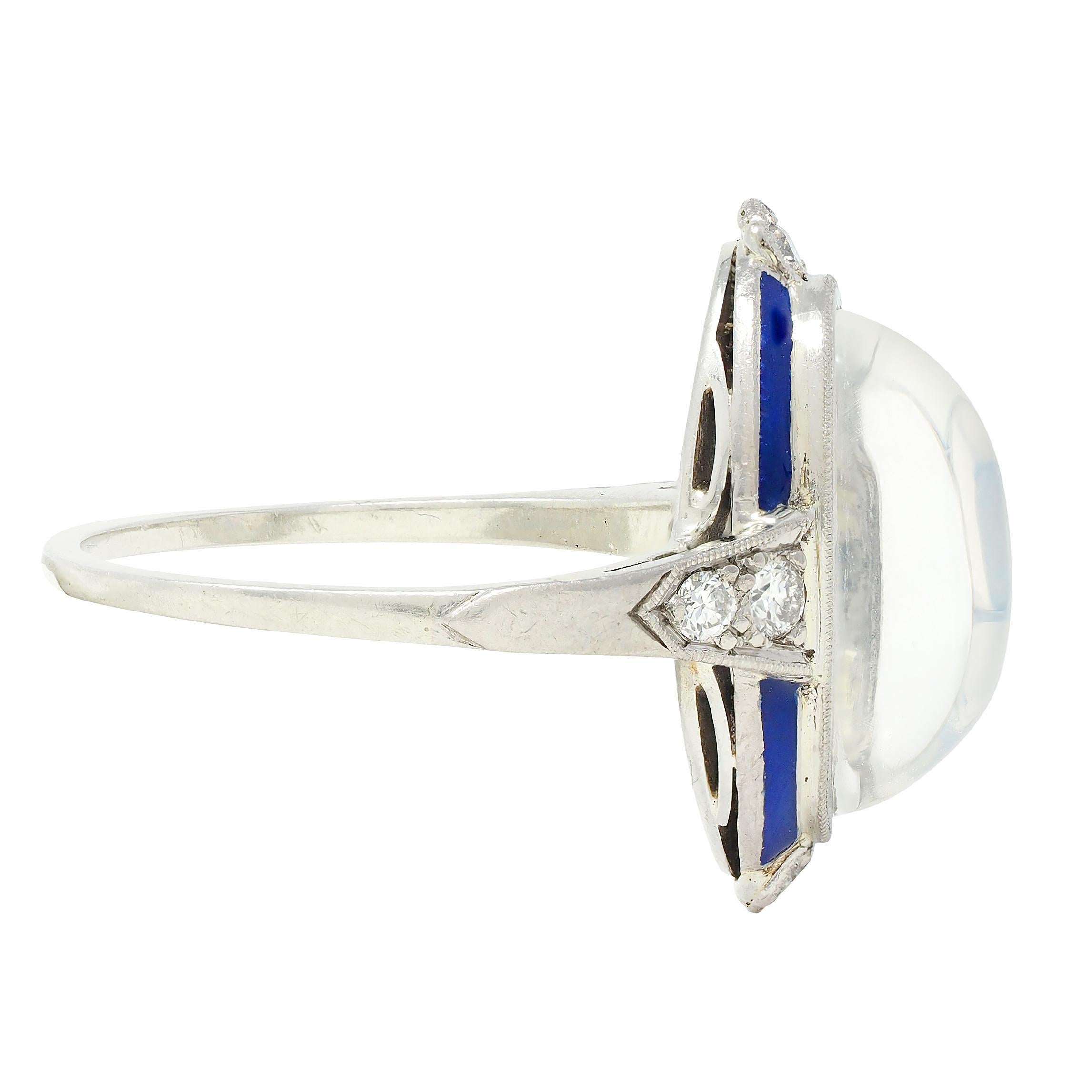 Women's or Men's Art Deco Moonstone Diamond Enamel 18 Karat White Gold Antique Dinner Ring